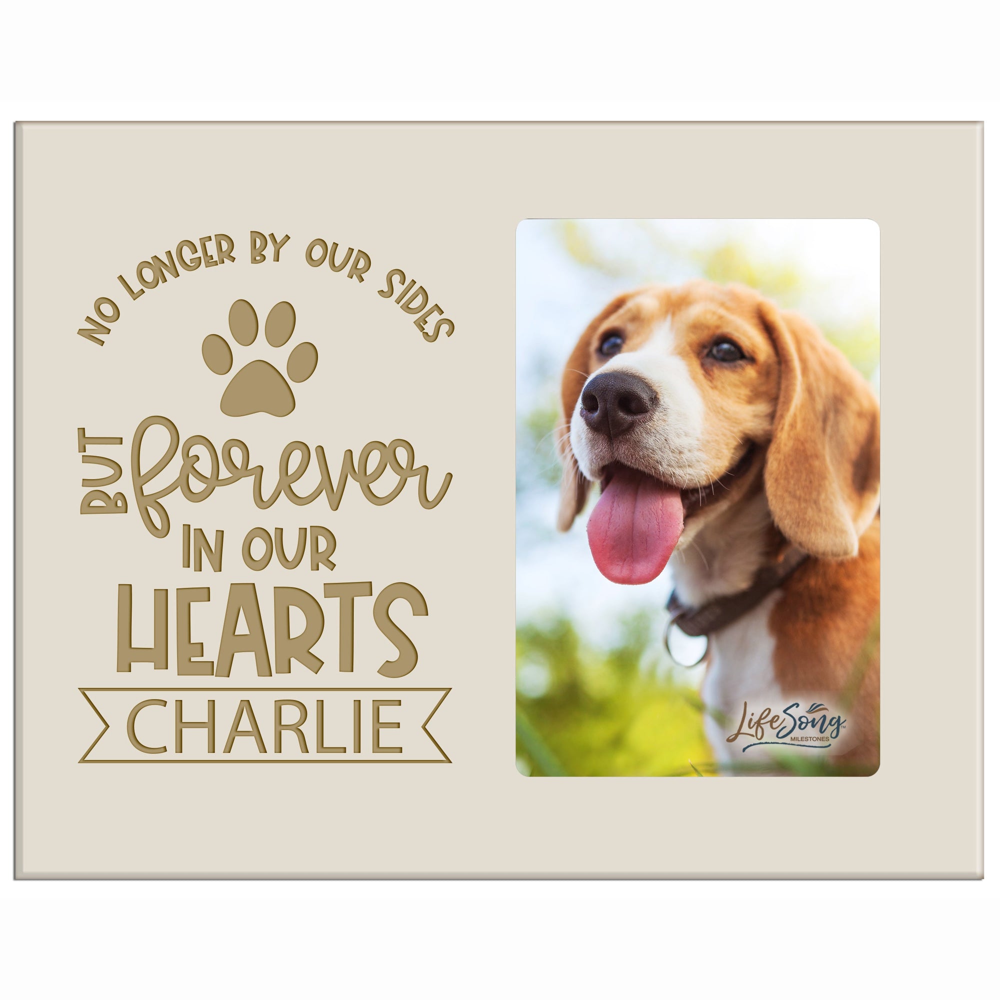8x10 Ivory Pet Memorial Picture Frame with the phrase "No Longer By Our Sides But Forever In Our Hearts"