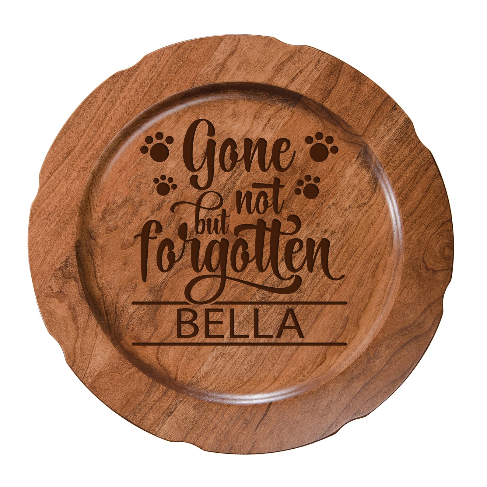 12" Cherry Pet Memorial Plate with phrase "Gone But Not Forgotten"