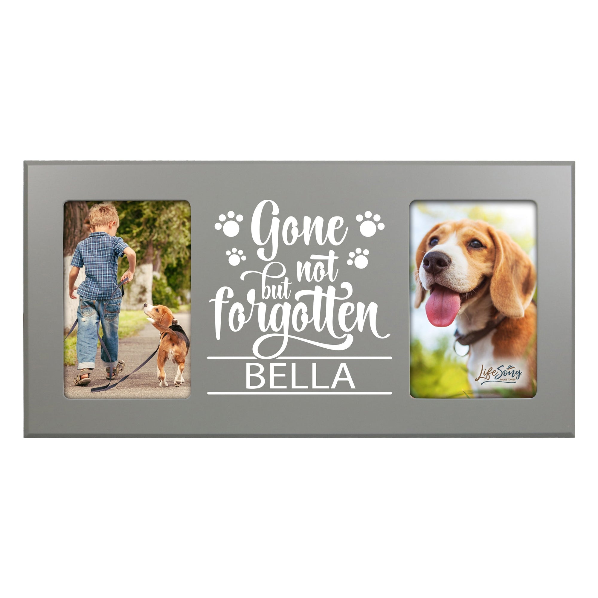 Grey Pet Memorial Double 4x6 Picture Frame with phrase "Gone But Not Forgotten"