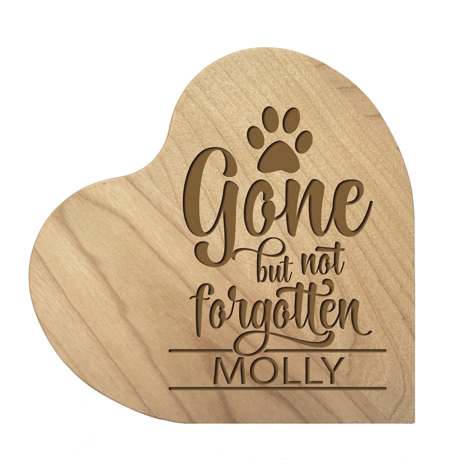 Maple Pet Memorial Heart Block Decor with phrase "Gone But Not Forgotten"