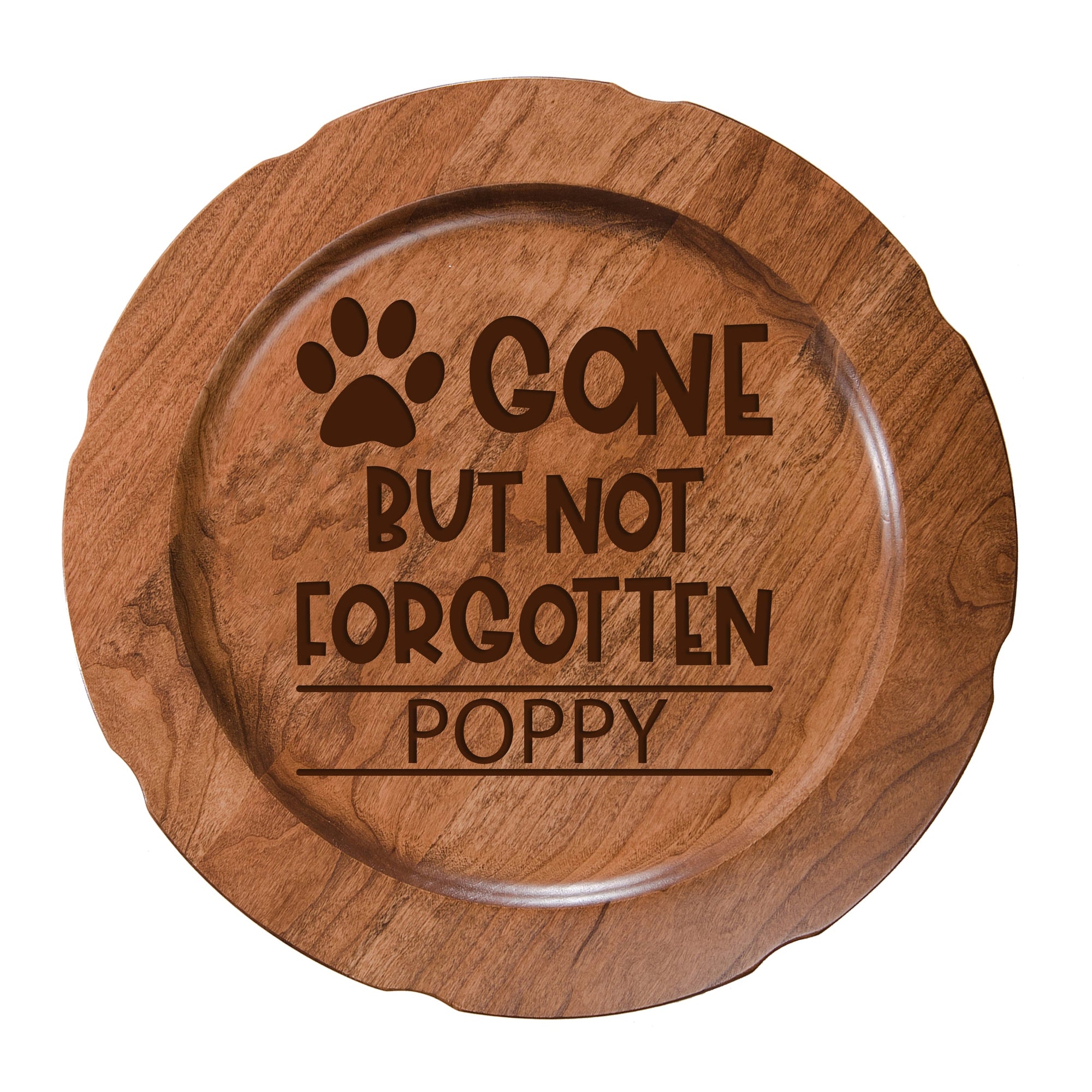 12" Cherry Pet Memorial Plate with phrase "Gone But Not Forgotten"