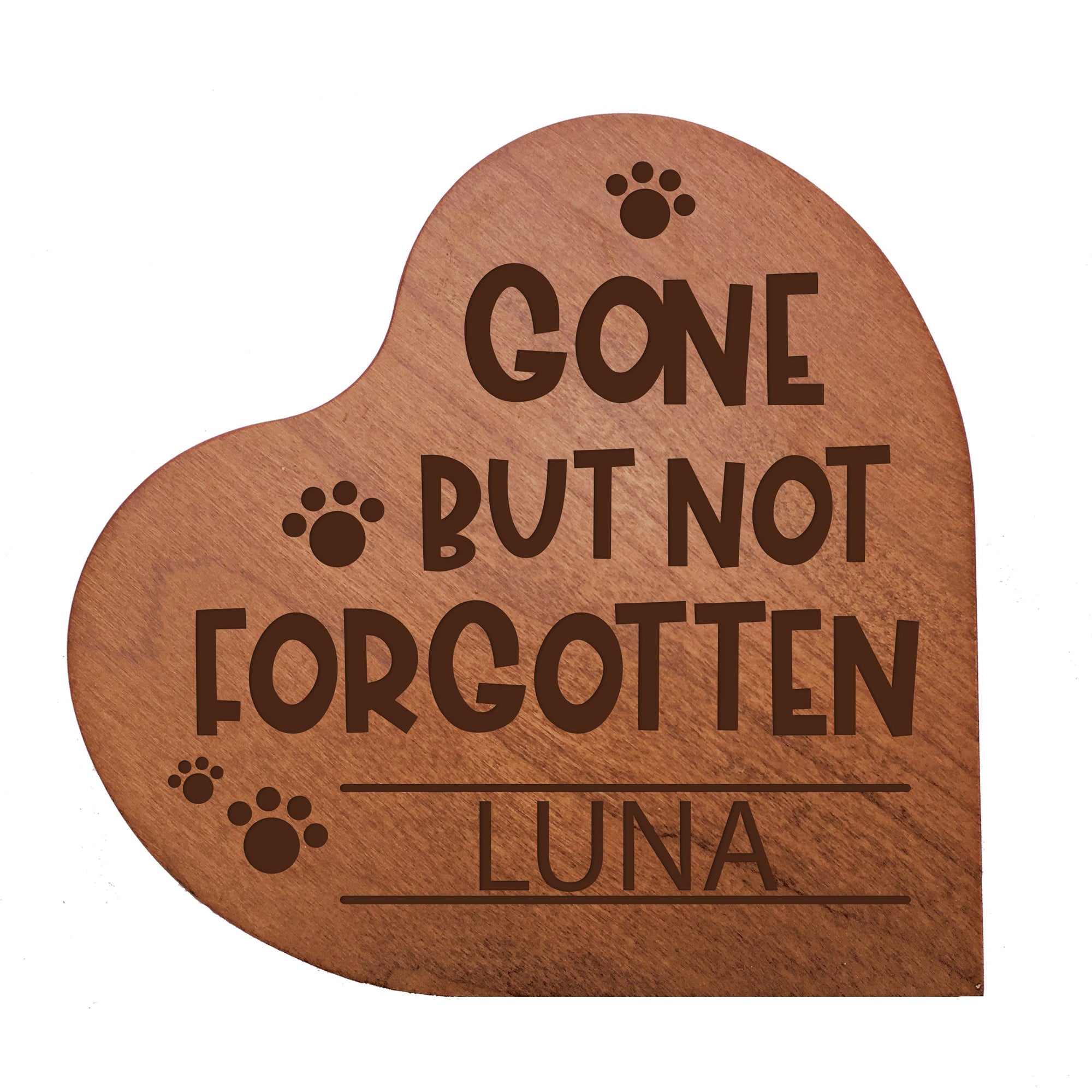 Cherry Pet Memorial Heart Block Decor with phrase "Gone But Not Forgotten"