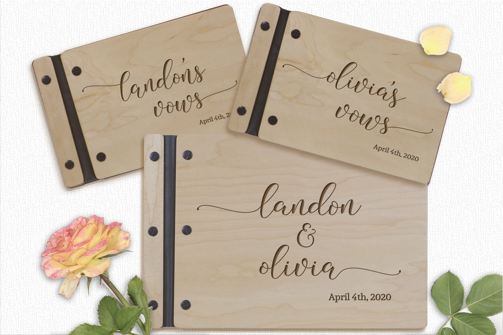 LifeSong Milestones Personalized Wedding Marriage Vow 3 Piece Guest Books - Husband and Wife Marriage Celebration, Custom Engraved Wooden Signature Registry Guest Book