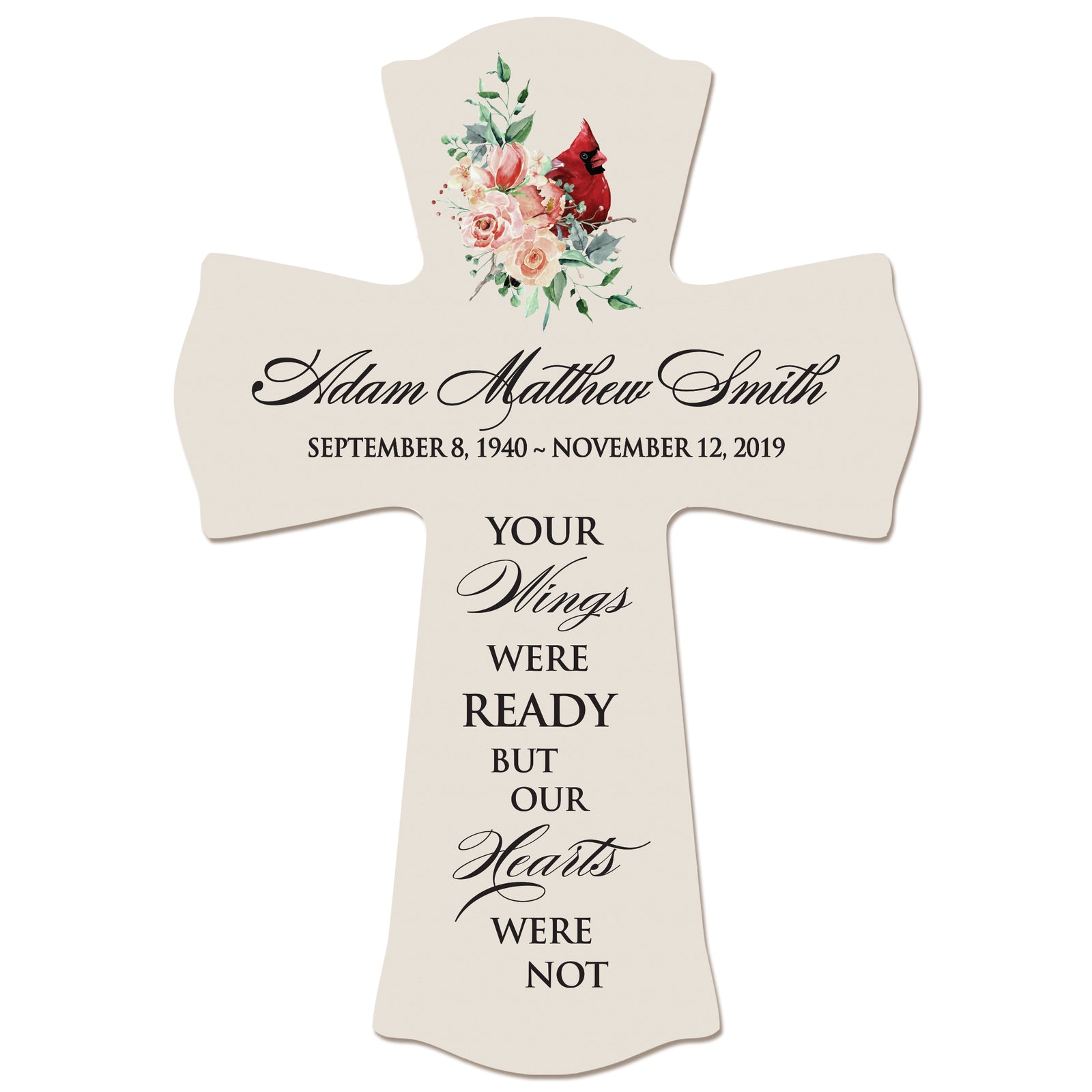 LifeSong Milestones Personalized Memorial Cross Your Wings Were Ready Bereavement Keepsake Loss of Loved One Sympathy Home Decor - 8.5” x 11” x 0.75”