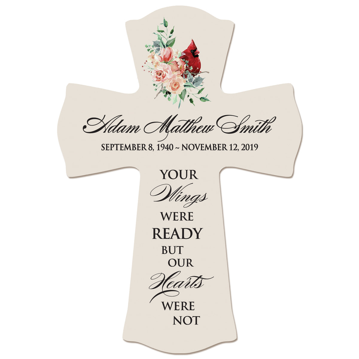 LifeSong Milestones Personalized Memorial Cross Your Wings Were Ready Bereavement Keepsake Loss of Loved One Sympathy Home Decor - 8.5” x 11” x 0.75”