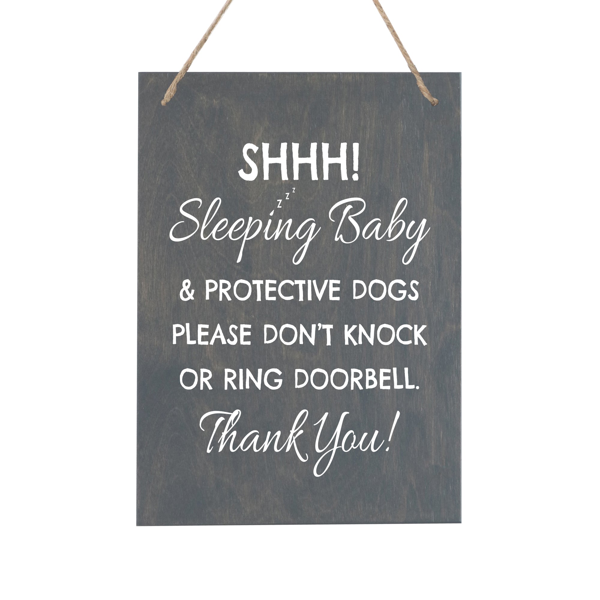LifeSong Milestones Sleeping Baby Protective Puppies Baltic Birch Rope Hanging Sign for Front Door - Do Not Knock or Ring Doorbell - Quiet Entry for House New Home Decor - 8x9.75