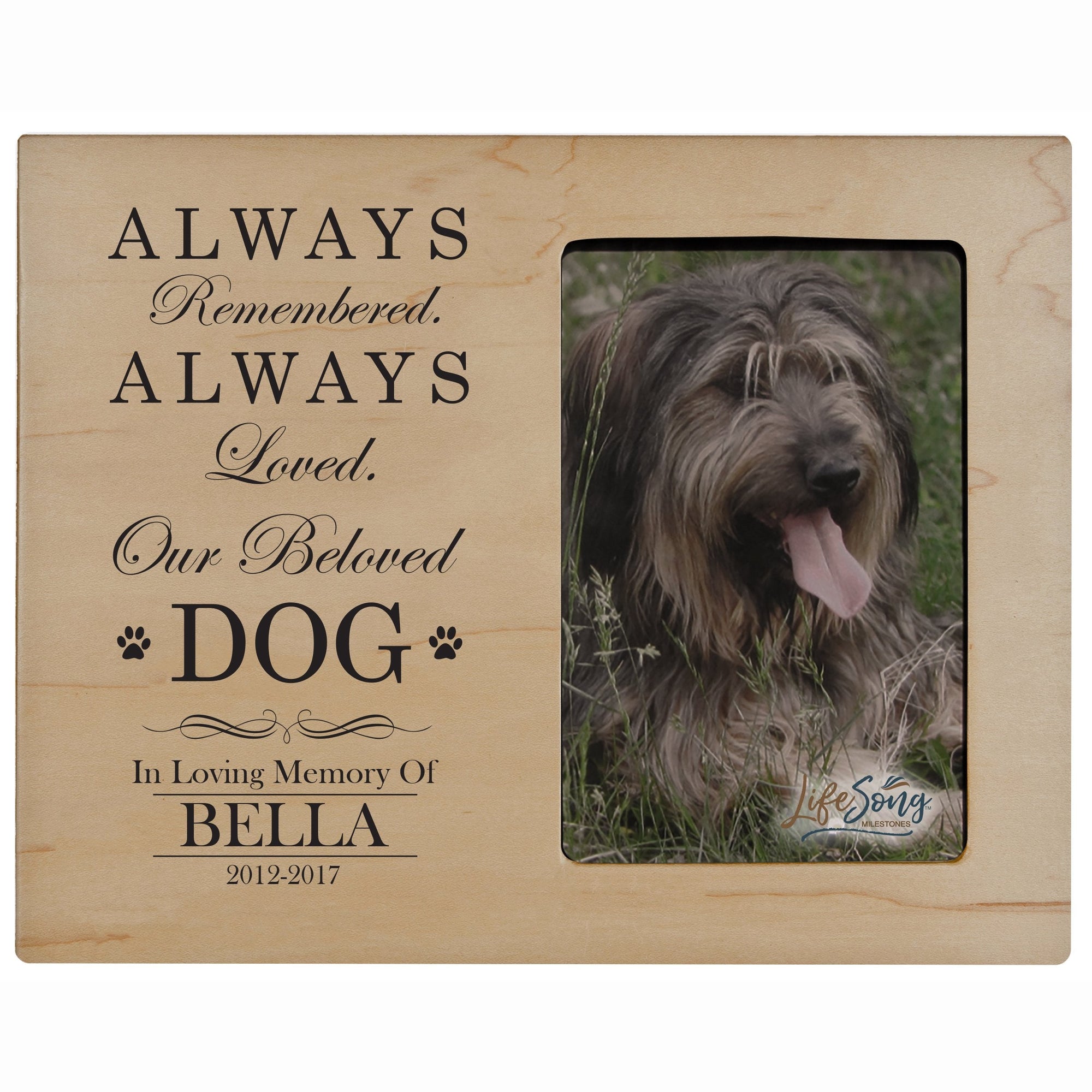 8x10 Maple Pet Memorial Picture Frame with the phrase "Always Remembered, Always Loved"