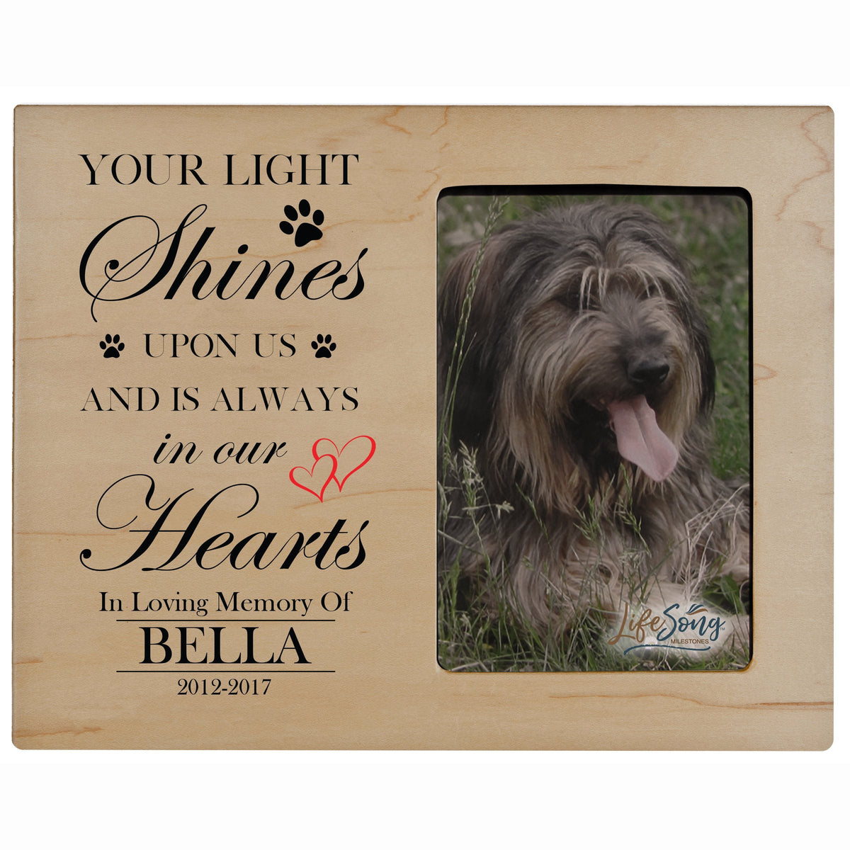 8x10 Maple Pet Memorial Picture Frame with the phrase &quot;Your Light Shines Upon Us&quot;