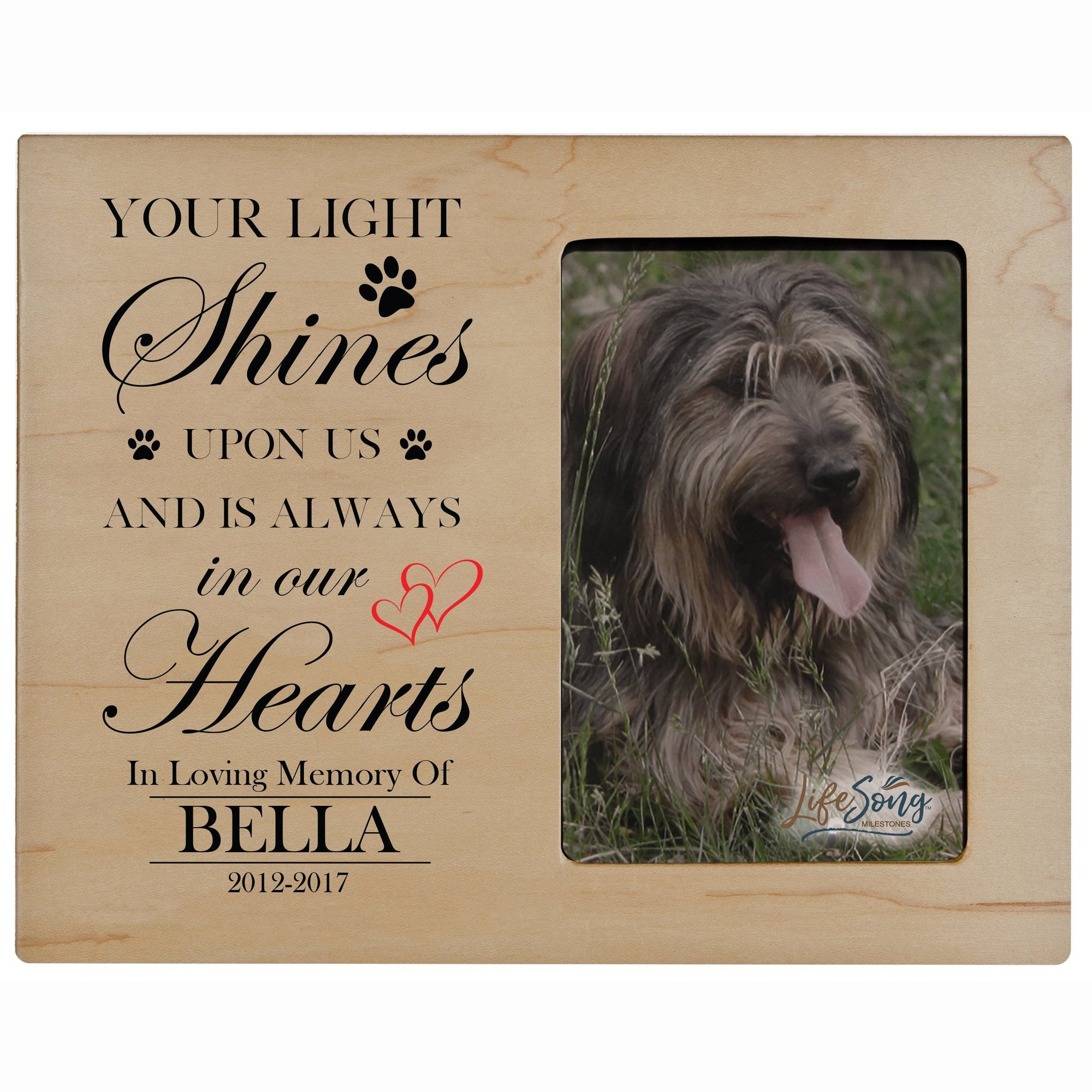 8x10 Maple Pet Memorial Picture Frame with the phrase "Your Light Shines Upon Us"