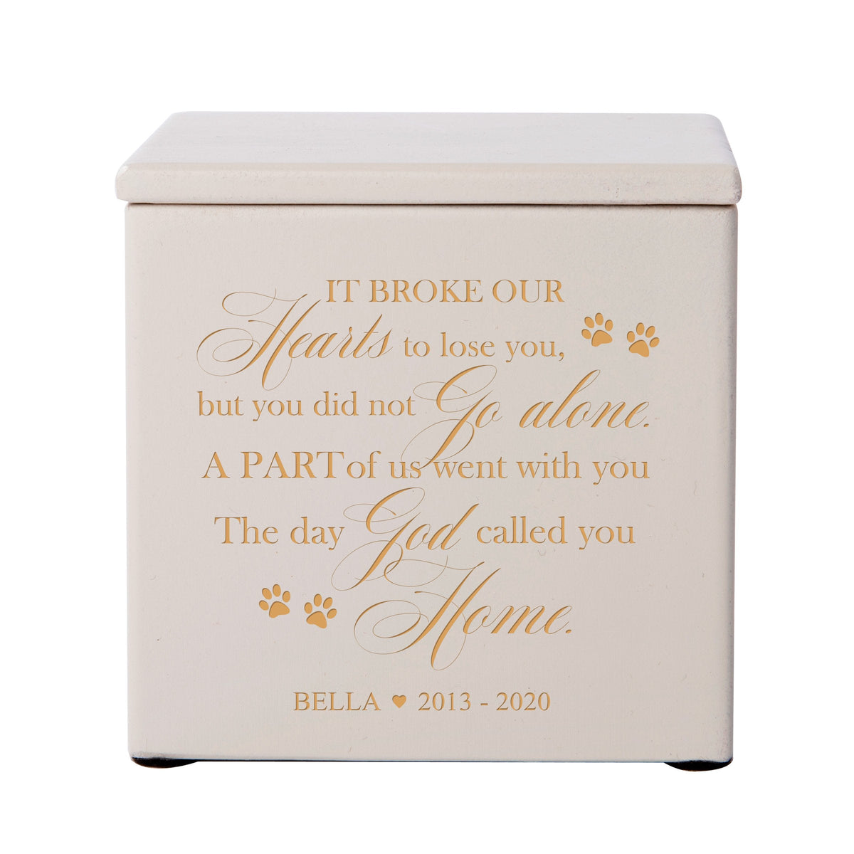 Ivory Pet Memorial 3.5x3.5 Keepsake Urn with phrase &quot;It Broke Our Hearts&quot;