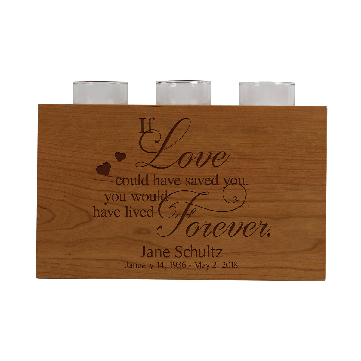 Lifesong Milestones Personalized Engraved Dual Purpose Wooden 3 Votive Candle Holder &amp; Urn Bereavement Keepsake Candle Holder Loss of Loved One Sympathy Home Decor 10”x6”x4”