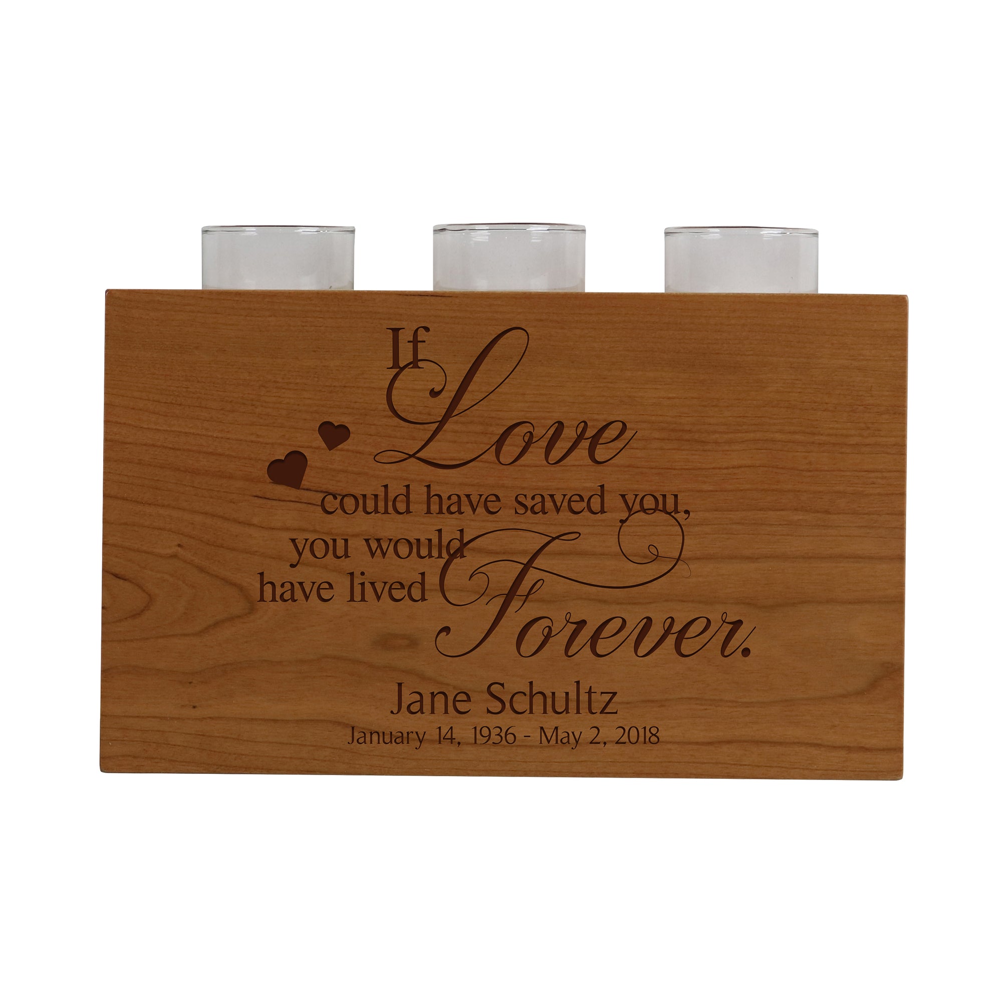 Lifesong Milestones Personalized Engraved Dual Purpose Wooden 3 Votive Candle Holder & Urn Bereavement Keepsake Candle Holder Loss of Loved One Sympathy Home Decor 10”x6”x4”