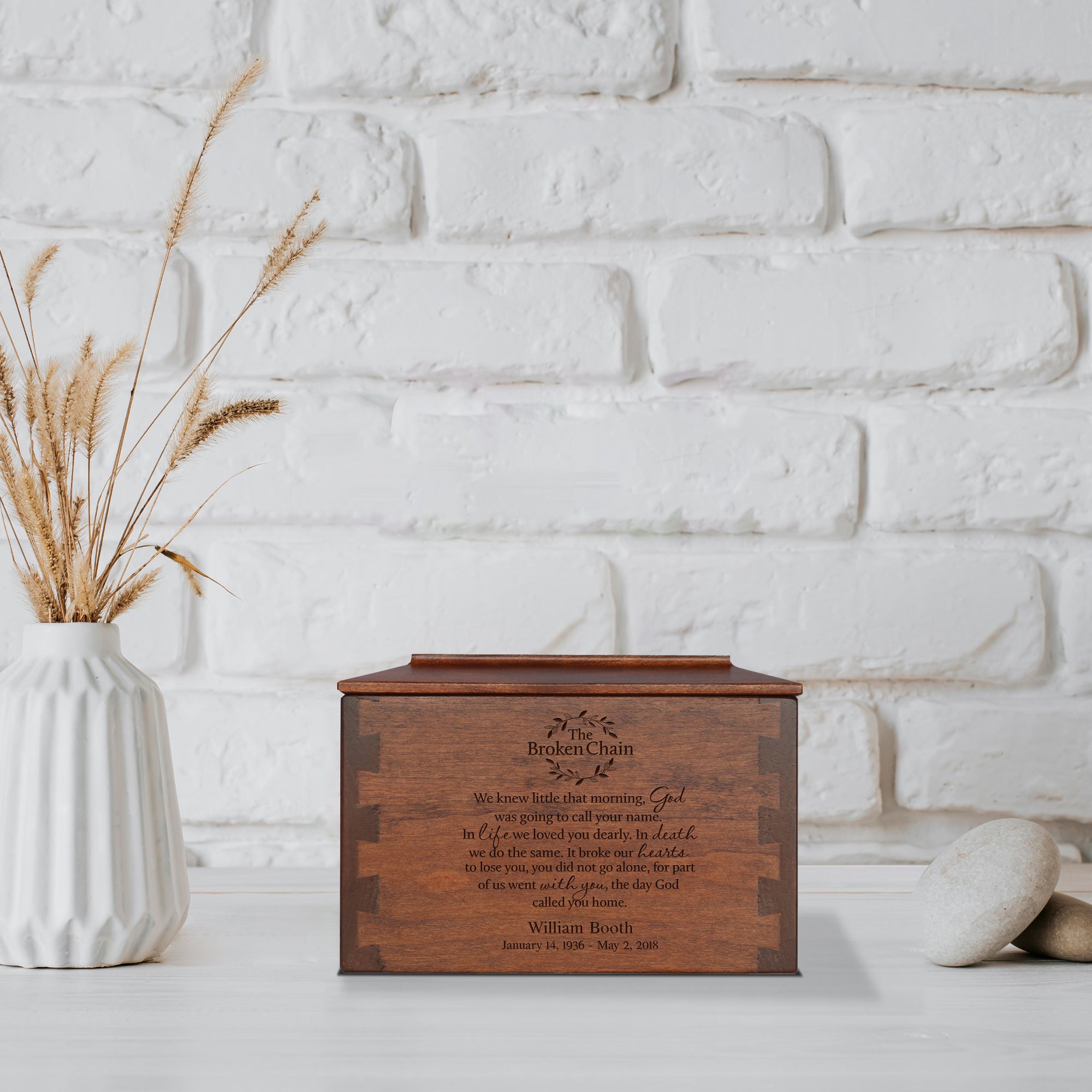 Custom Wooden Cremation Urn Box Small for Human Ashes holds 68 cu in The Broken Chain
