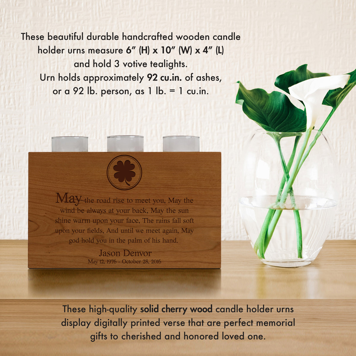 Custom  Engraved 3 Votive Candle Holder and Urn Box for Human Ashes holds 90 cu in You Have Lived Forever