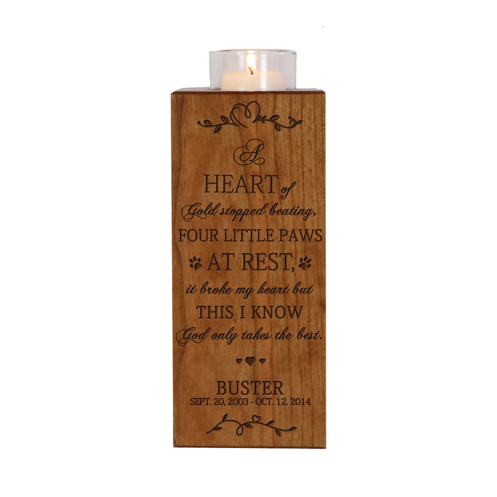 Pet Memorial Square Pillar Candle Holder - A Heart of Gold