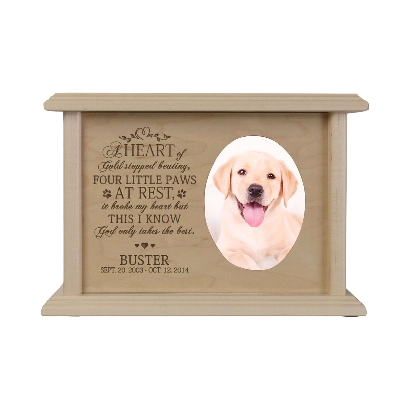 Pet Memorial Picture Cremation Urn Box for Dog or Cat - A Heart of Gold