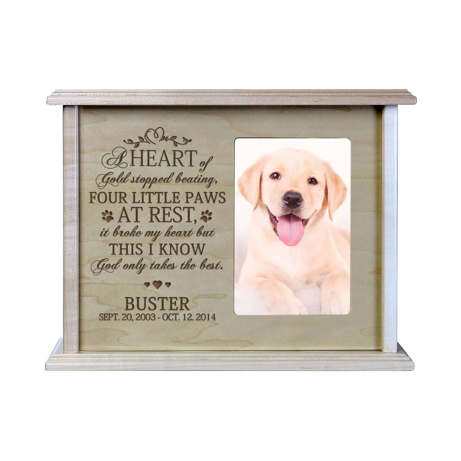 Pet Memorial Picture Cremation Urn Box for Dog or Cat - A Heart of Gold