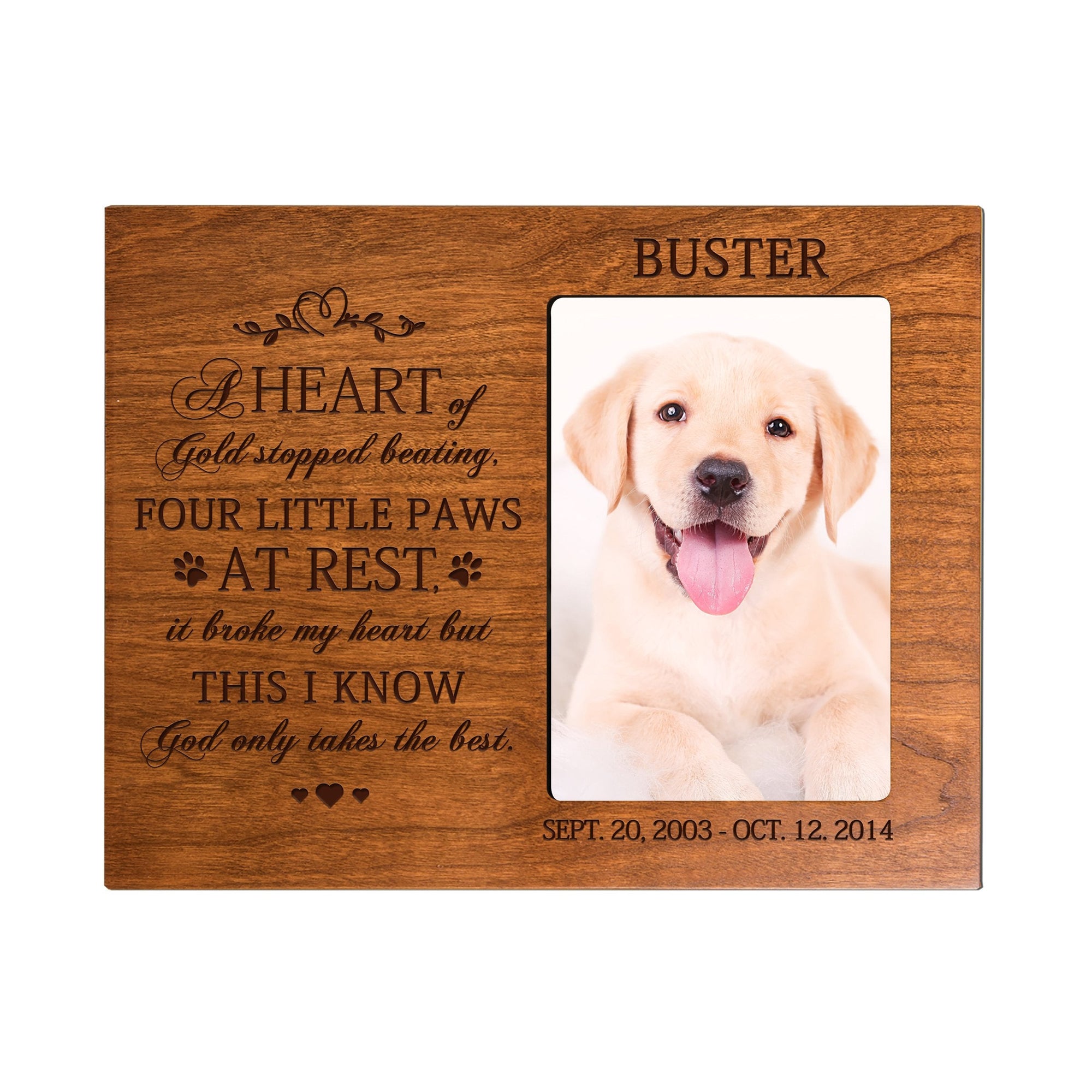 8x10 Cherry Pet Memorial Picture Frame with the phrase "A Heart of Gold"