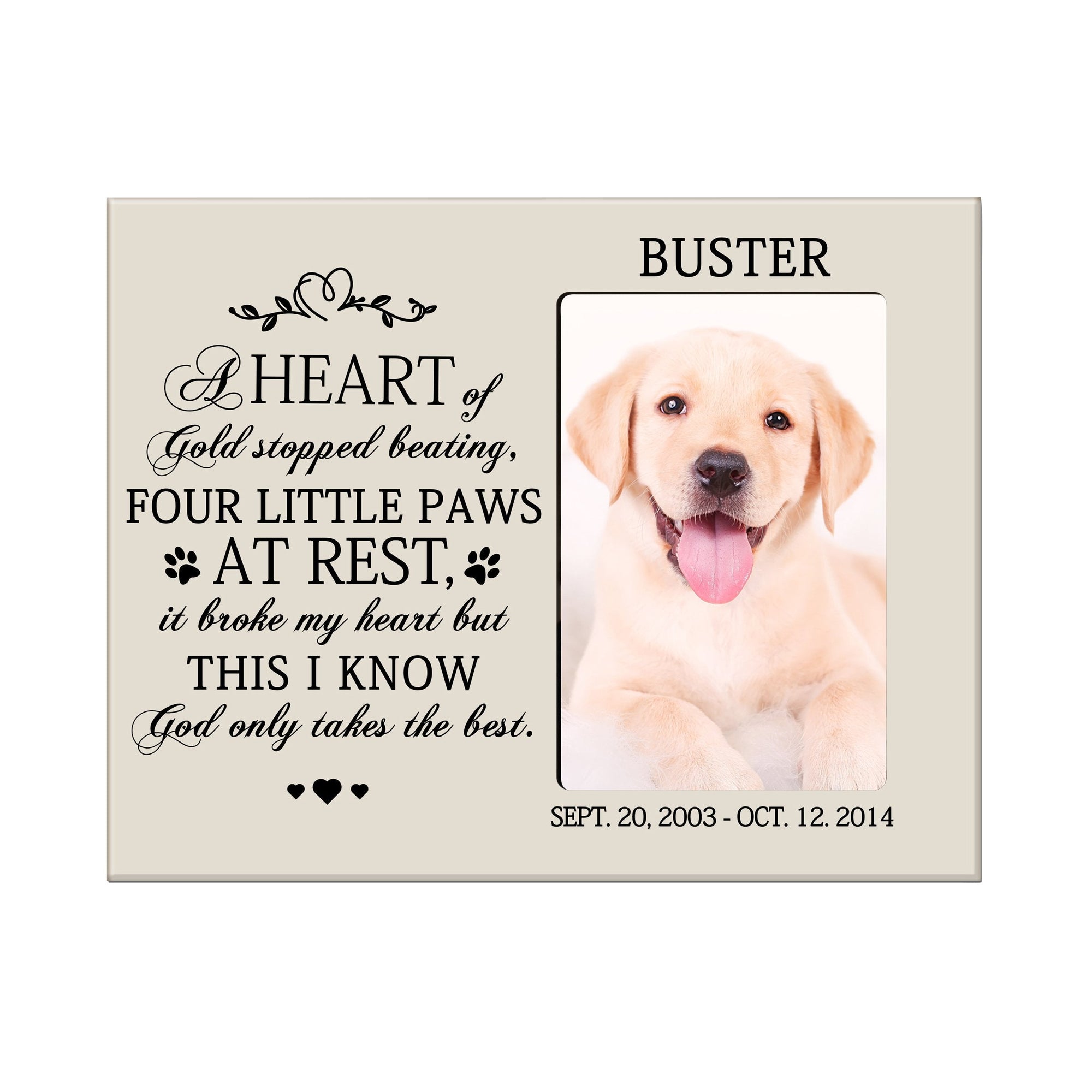 8x10 Ivory Pet Memorial Picture Frame with the phrase "A Heart of Gold"