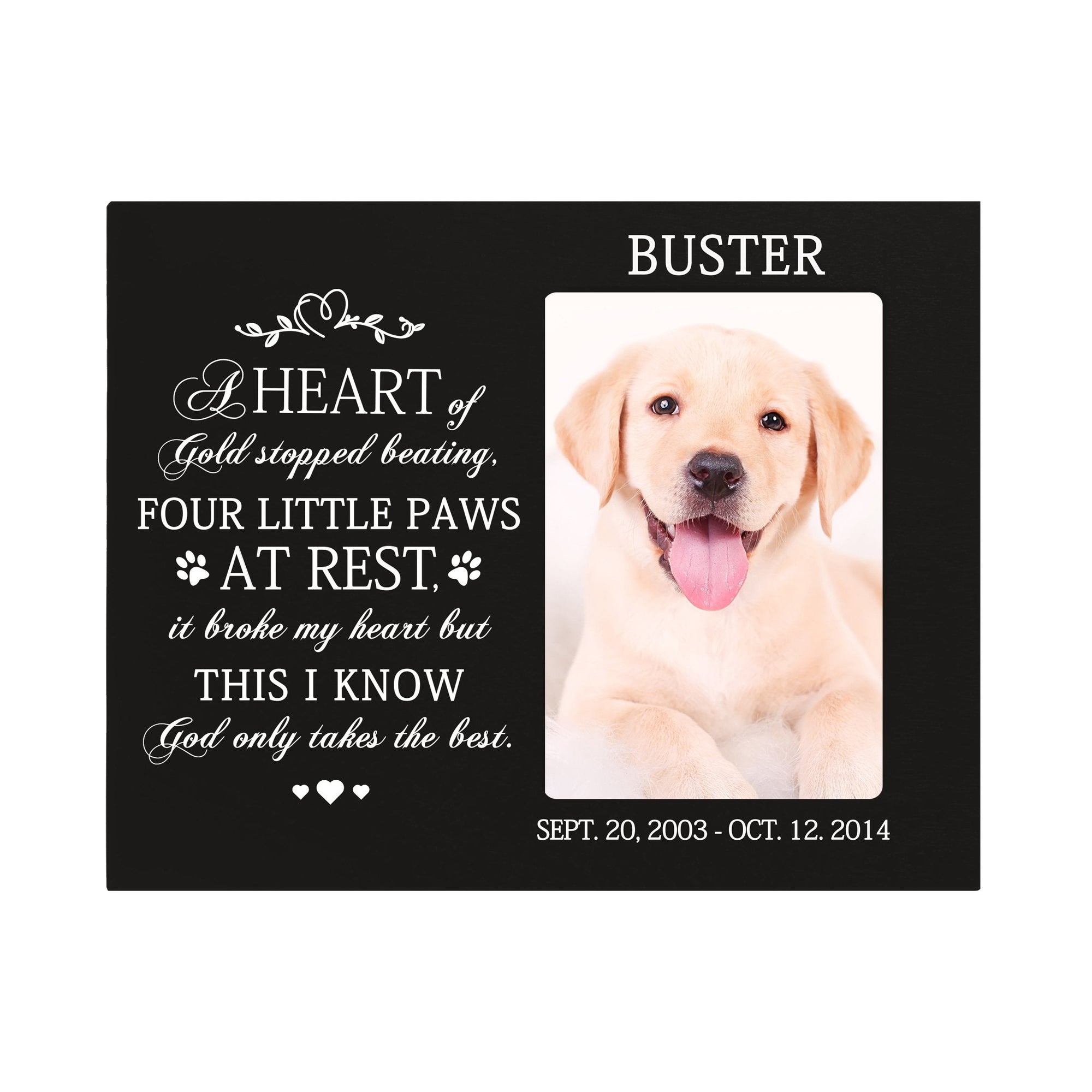 8x10 Black Pet Memorial Picture Frame with the phrase "A Heart of Gold"