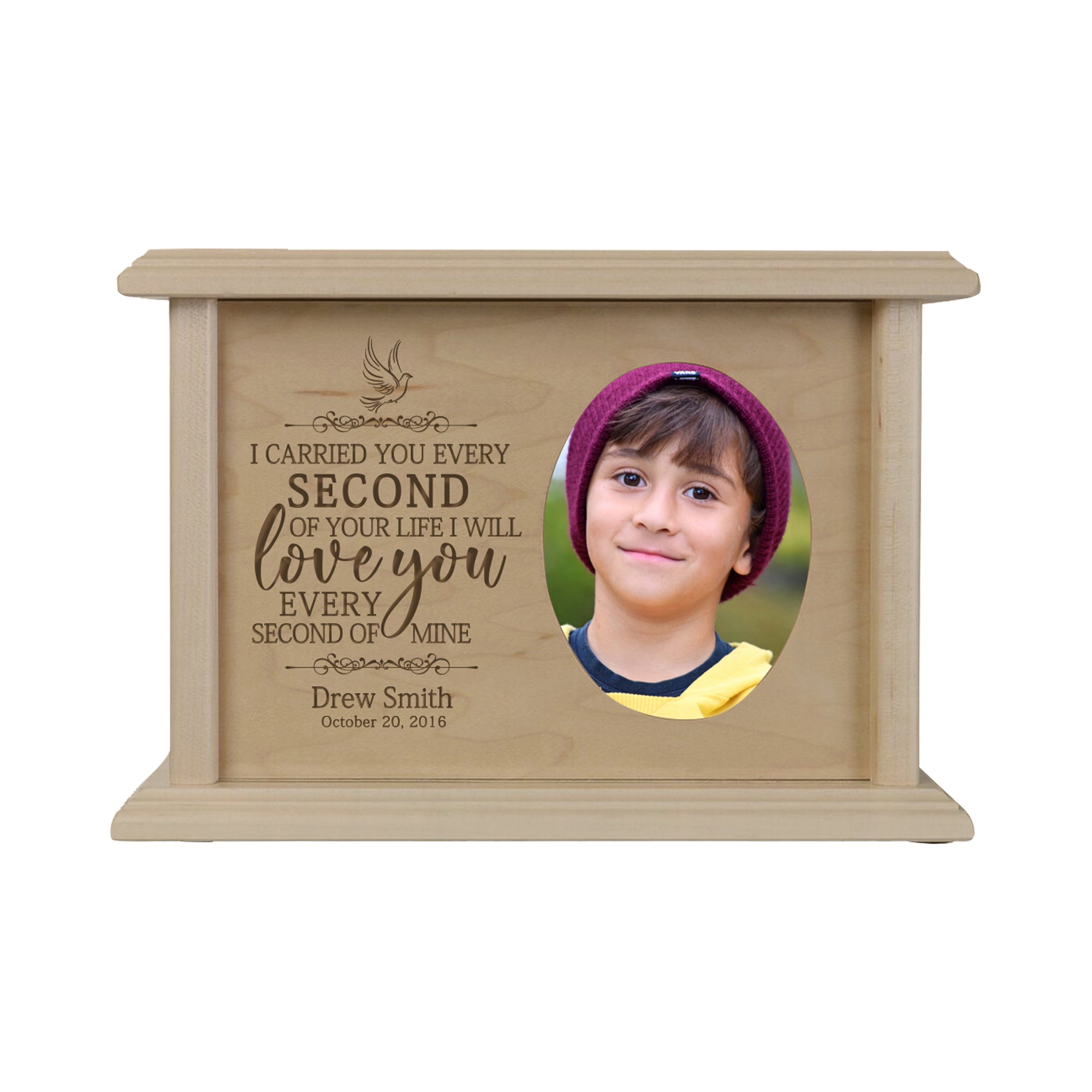 Custom Memorial Urn Box holds 2x3 photo and 65 cu in I Carried You (dove)