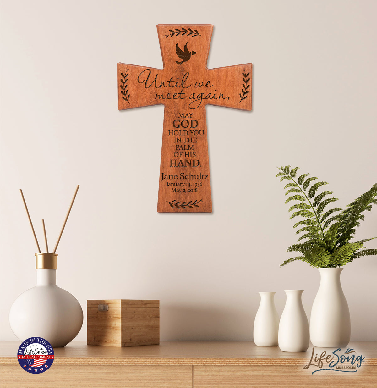 Lifesong Milestones Custom Memorial Wooden Cross 7x11 Until We Meet Condolence Funeral Remembrance In Loving Memory Bereavement Gift for Loss of Loved One.