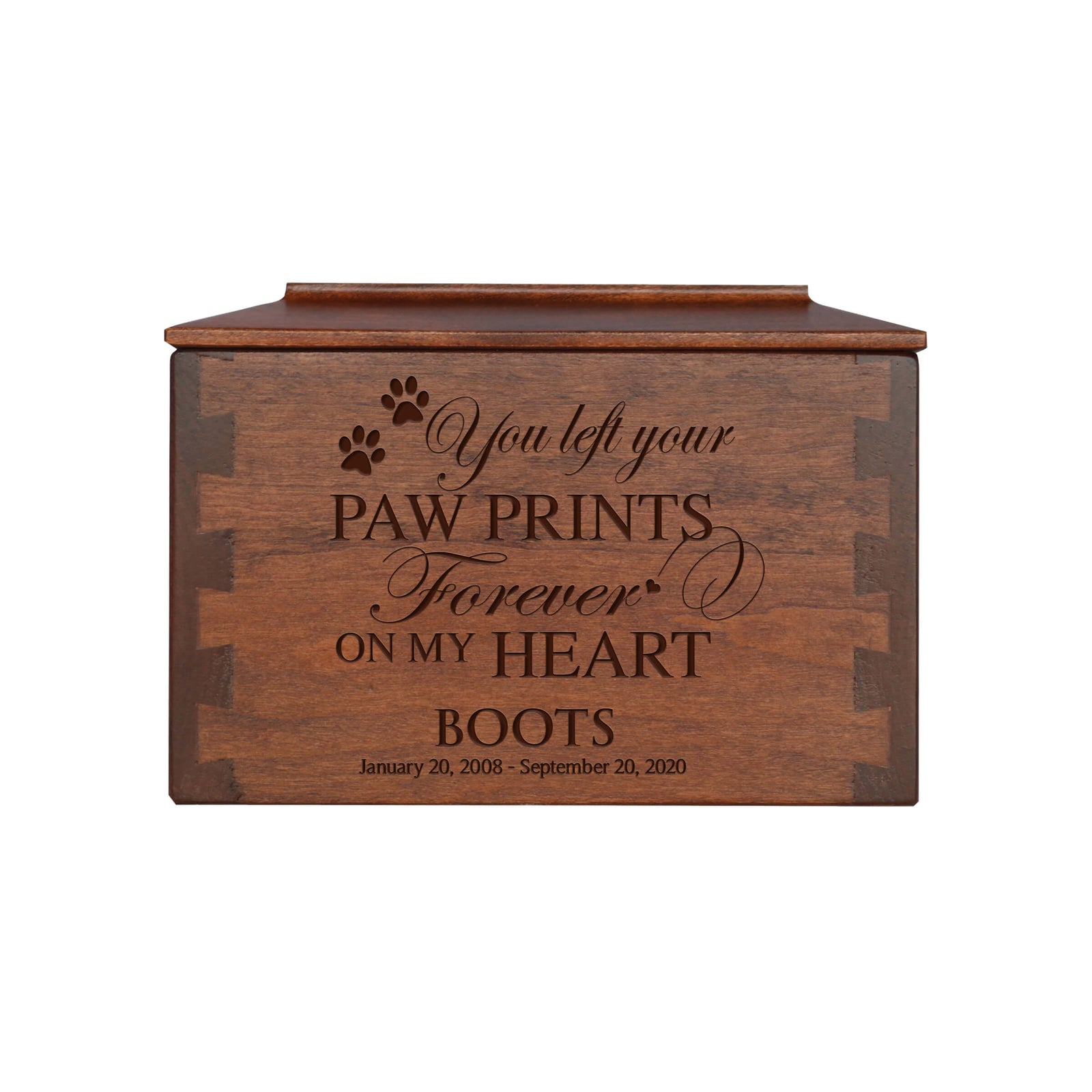 Pet Memorial Dovetail Cremation Urn Box for Dog or Cat - You Left Your Paw Prints