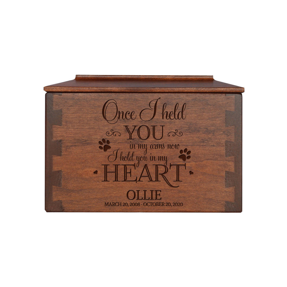 Pet Memorial Dovetail Cremation Urn Box for Dog or Cat - Once I Held You In My Arms