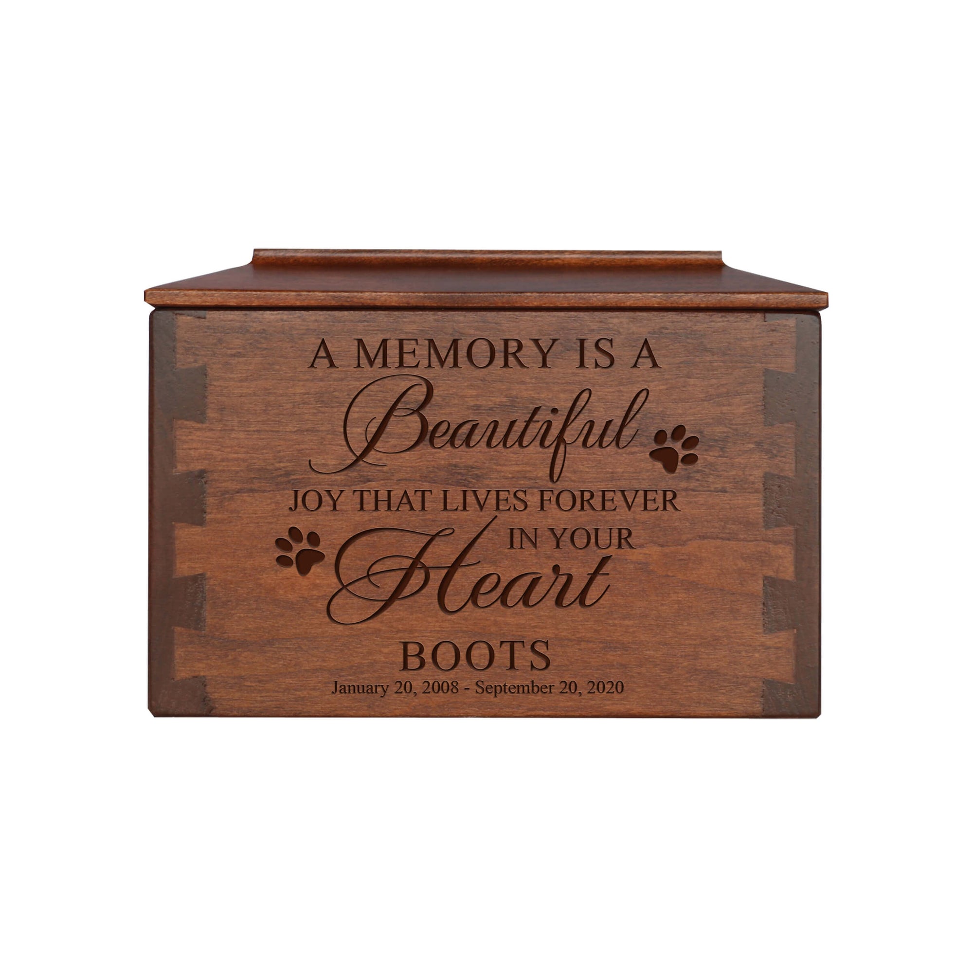 Pet Memorial Dovetail Cremation Urn Box for Dog or Cat - A Memory Is A Beautiful Joy