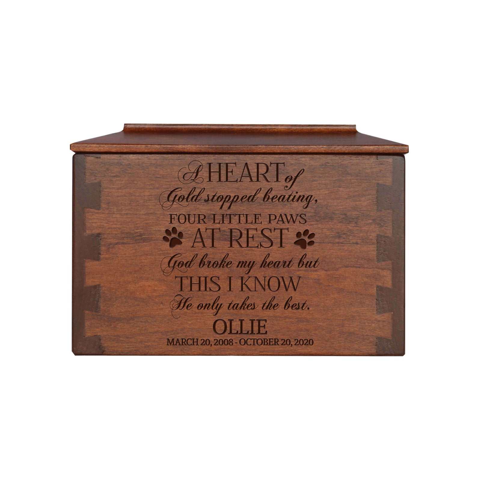 Pet Memorial Dovetail Cremation Urn Box for Dog or Cat - A Heart of Gold