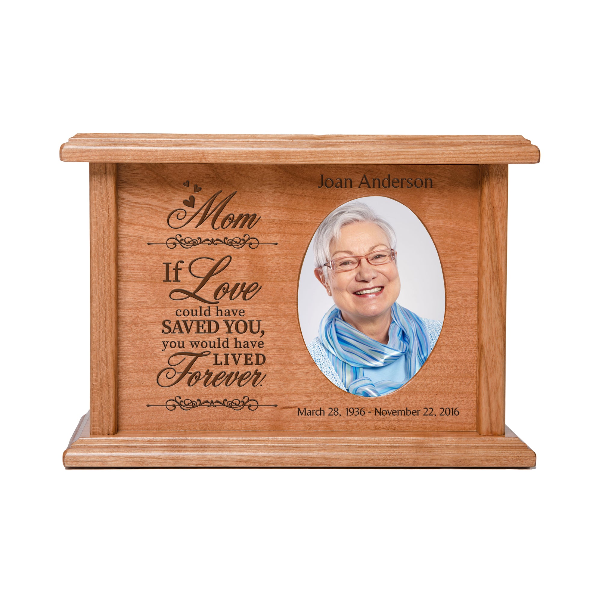 Lifesong Memorials Custom Memorial Urn Box holds 2x3 photo and 65 cu in Mom, If Love Could. Sympathy Gift for the Loss of a Loved One Bereavement Condolence Sympathy Comfort Keepsake Funeral Decoration. Cremation Urns, urn for ashes, urns for humans, urns for dad, urns for mom, urns for sale, urns for human ashes, Pet keepsake urns, pet urns, cherished urns, small urns, small urns for ashes, Wooden Urns, Wooden Keepsake Urn, Wood Cremation Urns.
