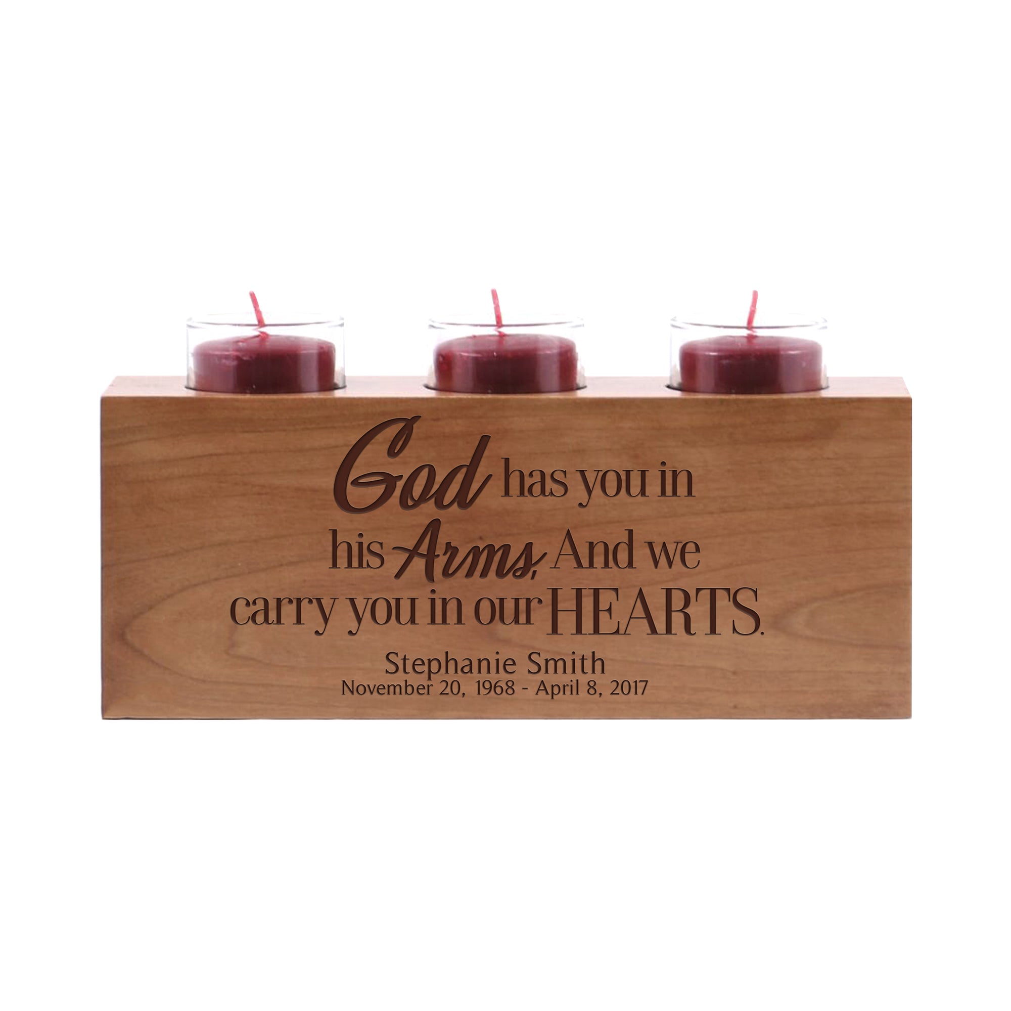 LifeSong Milestones Personalized Memorial Sympathy 3 Votive Candle Holder - God Has You Engraved Tea Light Candle Loss of Loved One Gift - 10” x 4” x 4”.