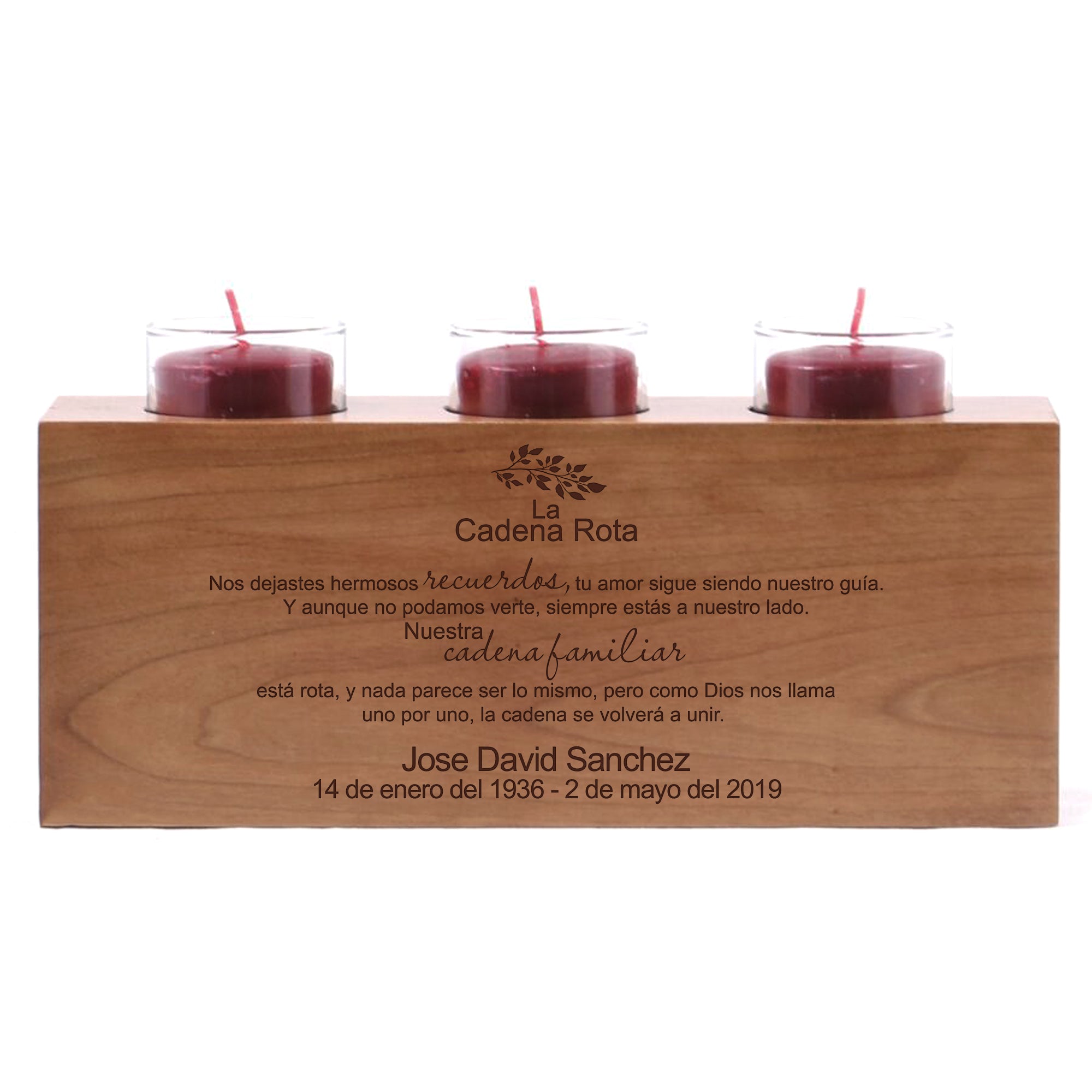 LifeSong Milestones Personalized Engraved Memorial Votive Candle Holder 10x4x4 Spanish The Broken Chain Wreath Poem Loss of Parents, Father, Mother Sympathy Gift Cherry
