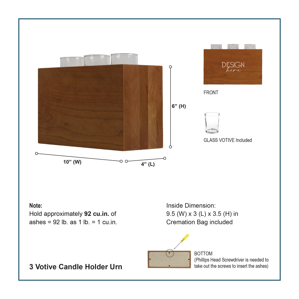 Custom  Engraved 3 Votive Candle Holder and Urn Box for Human Ashes holds 90 cu in May The Road Rise To Meet You