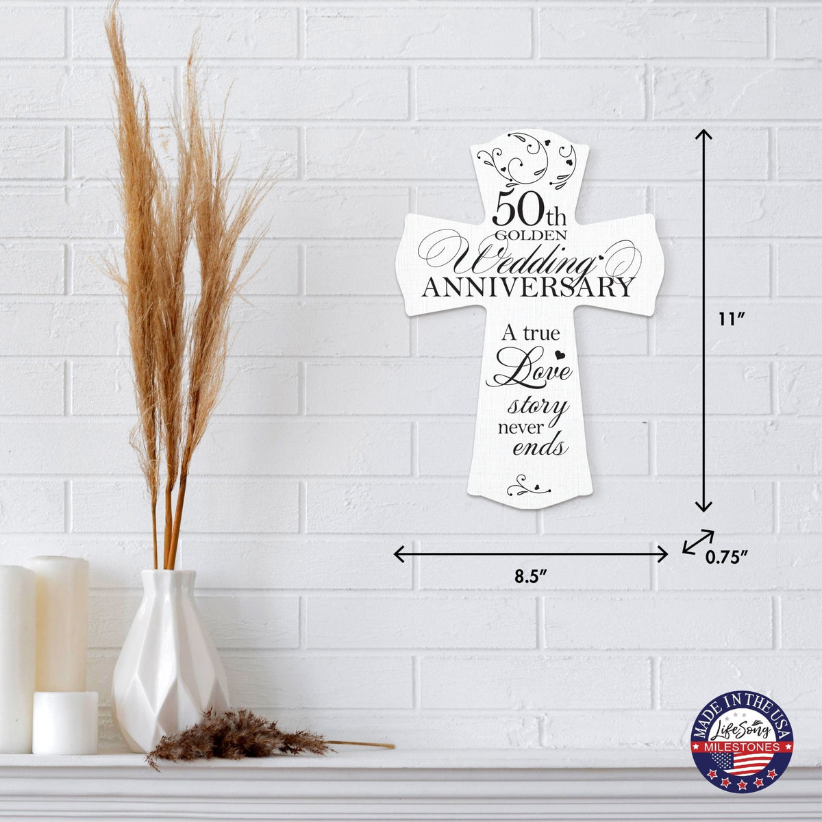 Wooden Hanging Wall Cross for Couples 50th Wedding Anniversary Celebration - A True Love Story Never Ends