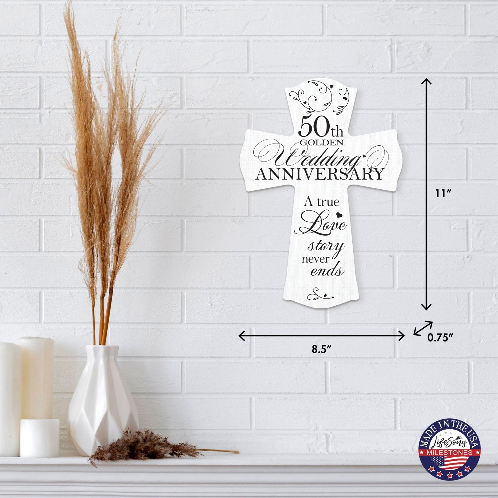 Wooden Hanging Wall Cross for Couples 50th Wedding Anniversary Celebration - A True Love Story Never Ends