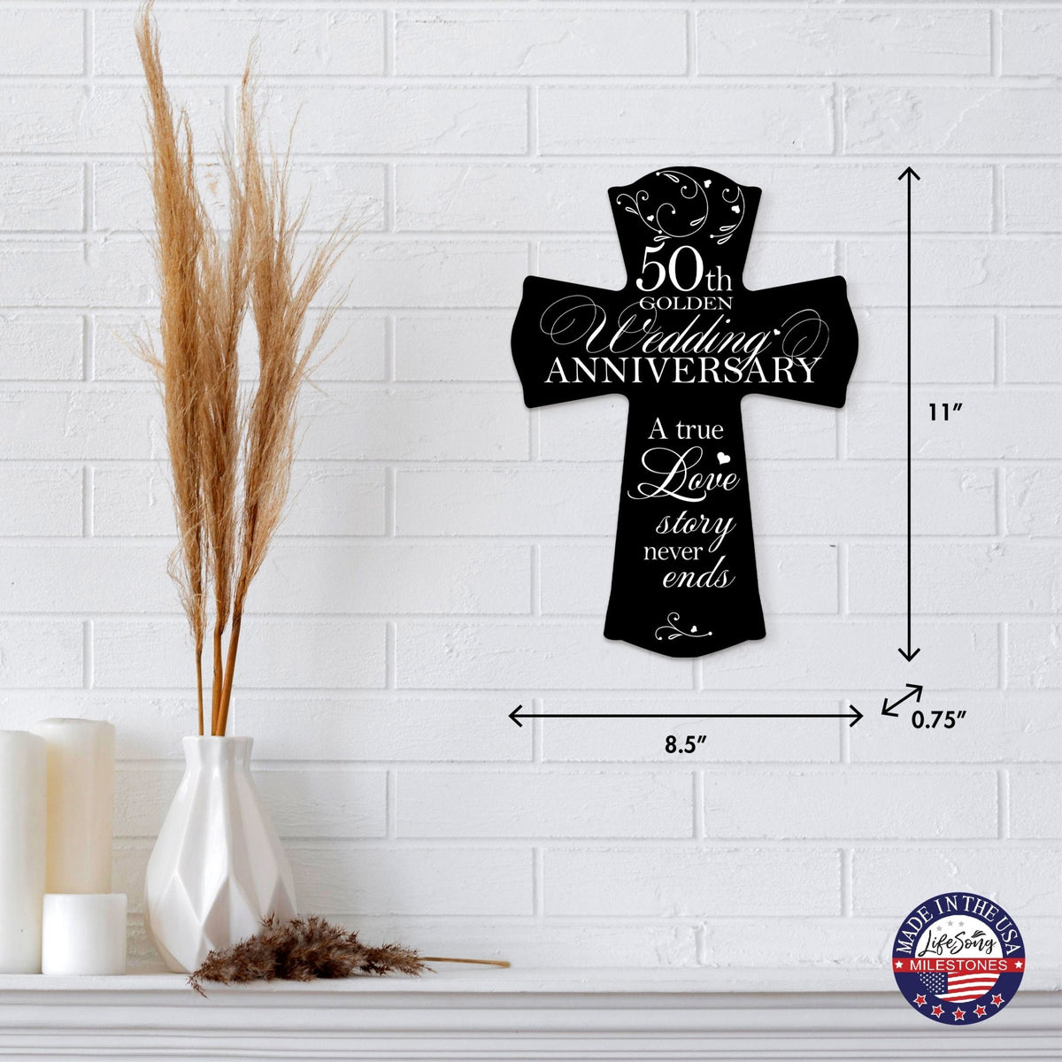 Wooden Hanging Wall Cross for Couples 50th Wedding Anniversary Celebration - A True Love Story Never Ends