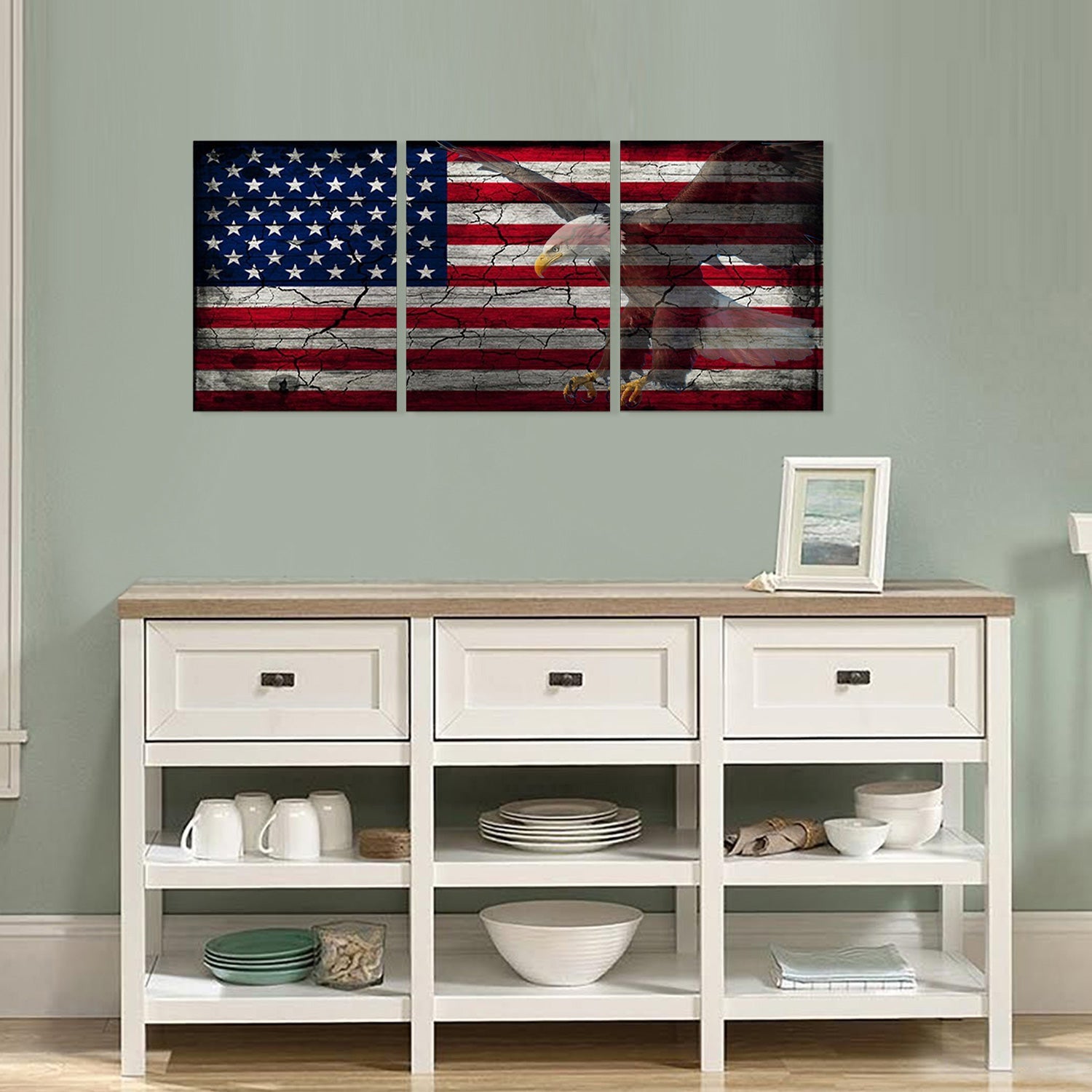 American Eagle American Flag Canvas Wall Art Framed Modern Wall Decor Decorative Accents For Wall Ready to Hang for Home Living Room Bedroom Entryway Each Panel Size 12” x 16” (3pc set) - LifeSong Milestones