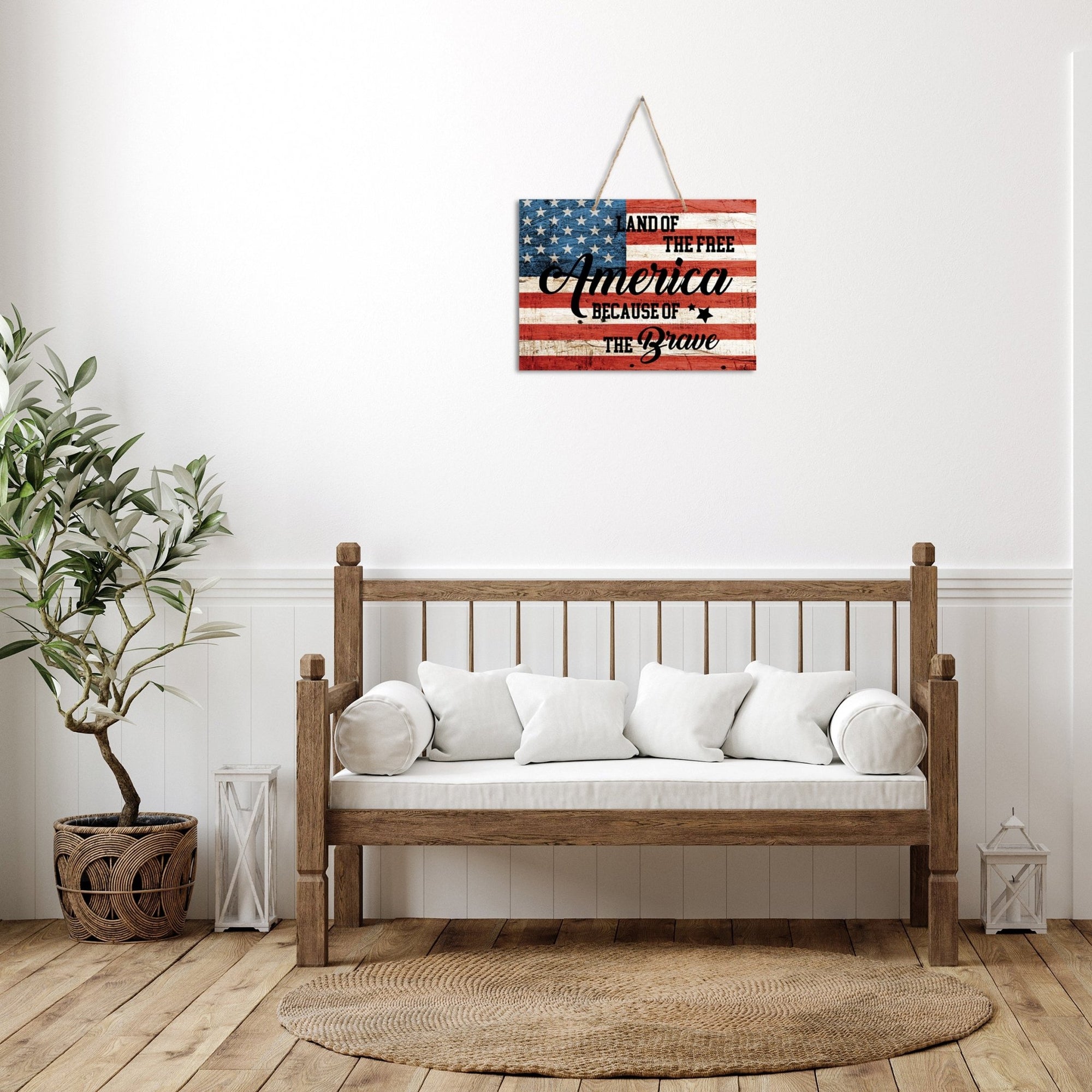 American Flag Veterans Day Patriotic Wall Hanging Rope Signs Vintage Décor Gift Ideas - Flag Land of The Free 4