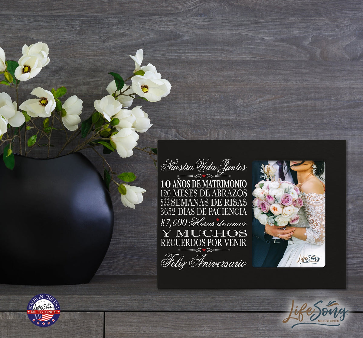 10th Wedding Anniversary Frame with wall hanging notch and stand. Perfect for displaying cherished memories.