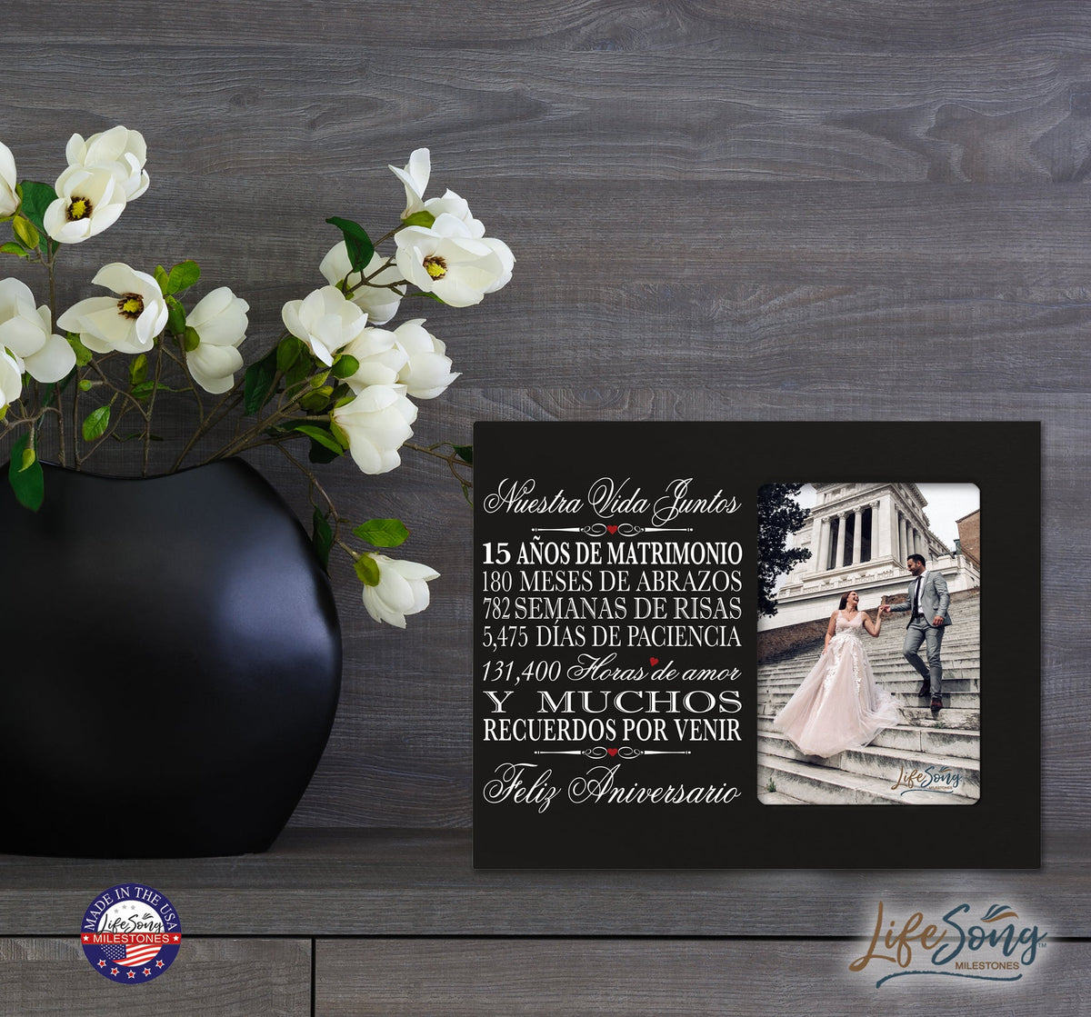 15th Wedding Anniversary Frame with wall hanging notch and stand. Perfect for displaying cherished memories.