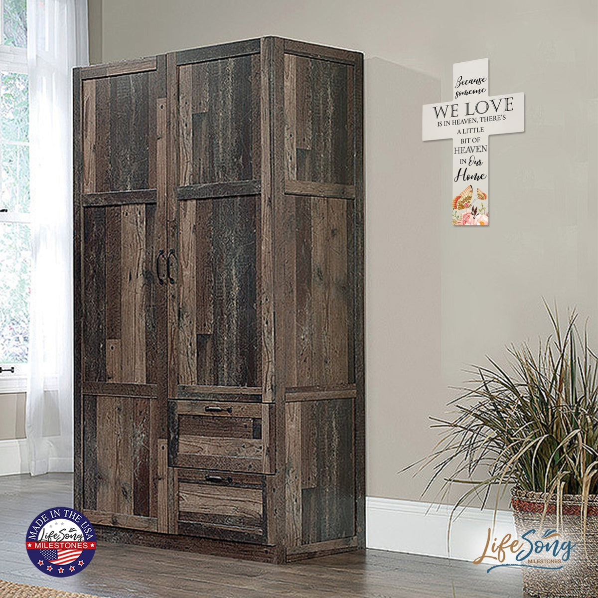 Butterfly Memorial Wall Cross For Loss of Loved One Because Someone We Love is in Heaven Quote Bereavement Keepsake 14 x 9.25 Because Someone We Love is in Heaven, There's A Little Bit Of Heaven In Our Home - LifeSong Milestones