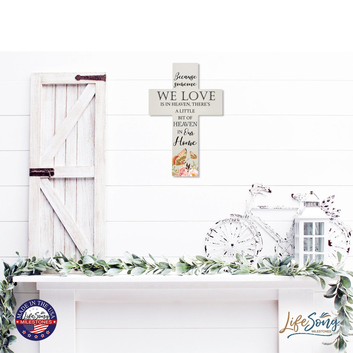 Butterfly Memorial Wall Cross For Loss of Loved One Because Someone We Love is in Heaven Quote Bereavement Keepsake 14 x 9.25 Because Someone We Love is in Heaven, There's A Little Bit Of Heaven In Our Home - LifeSong Milestones