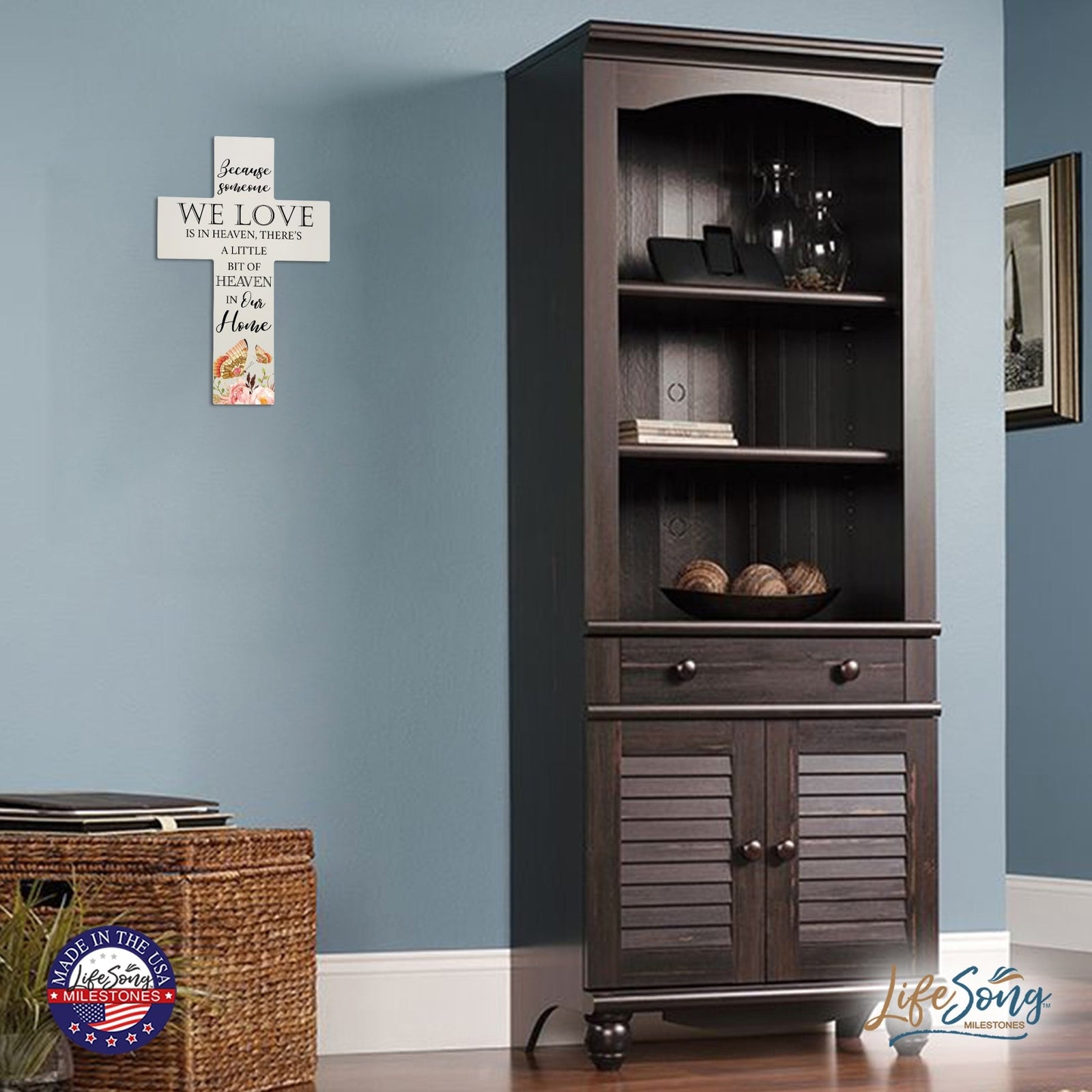 Butterfly Memorial Wall Cross For Loss of Loved One Because Someone We Love is in Heaven Quote Bereavement Keepsake 14 x 9.25 Because Someone We Love is in Heaven, There's A Little Bit Of Heaven In Our Home - LifeSong Milestones