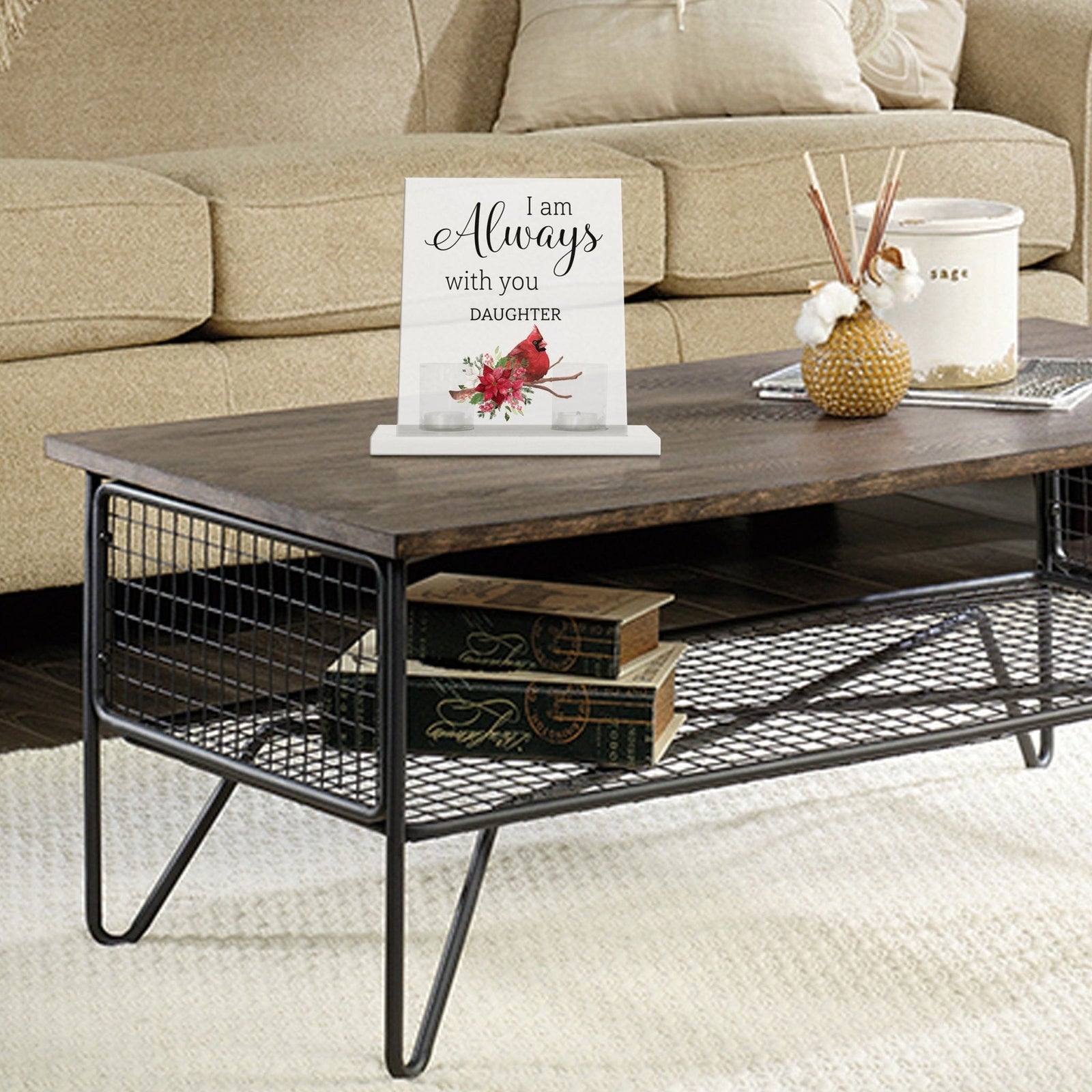 A beautifully crafted candle holder for votive candles, designed as a memorial gift. The Lifesong Milestones Cardinal Memorial Frosted Acrylic Sign with Base stands at the center, radiating comfort and remembrance.