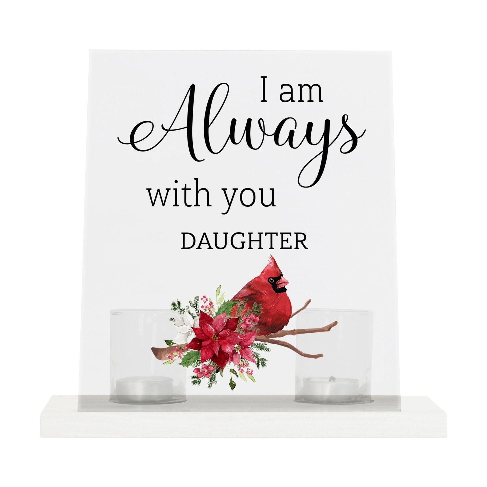 A solemn memorial display featuring a Lifesong Milestones Cardinal Memorial Frosted Acrylic Sign with Base and Votive Candle Holder. The tealight candle holder provides a warm glow, while votive candles surround it, creating a touching memory.