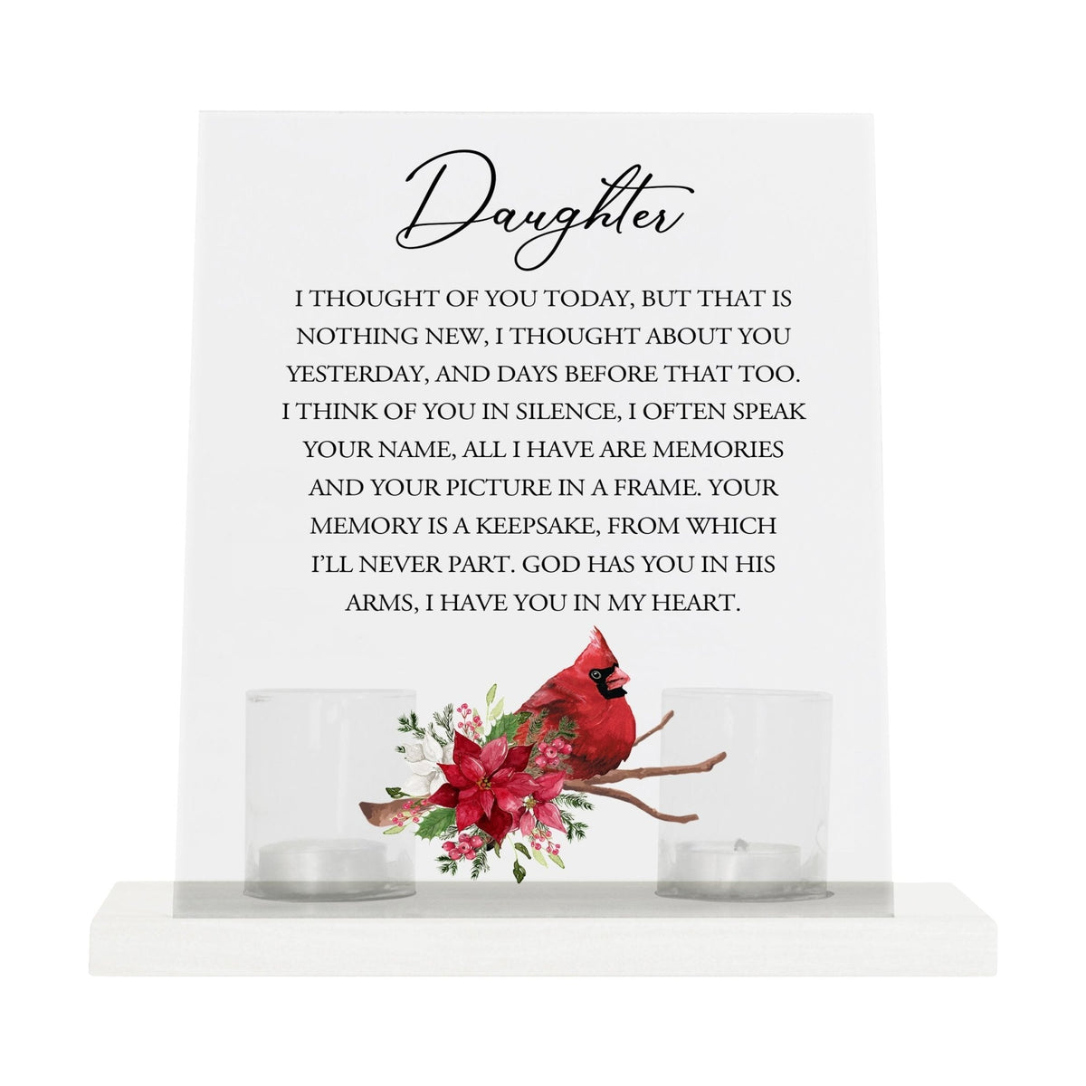 A beautifully crafted candle holder for votive candles, designed as a memorial gift. The Lifesong Milestones Cardinal Memorial Frosted Acrylic Sign with Base stands at the center, radiating comfort and remembrance.