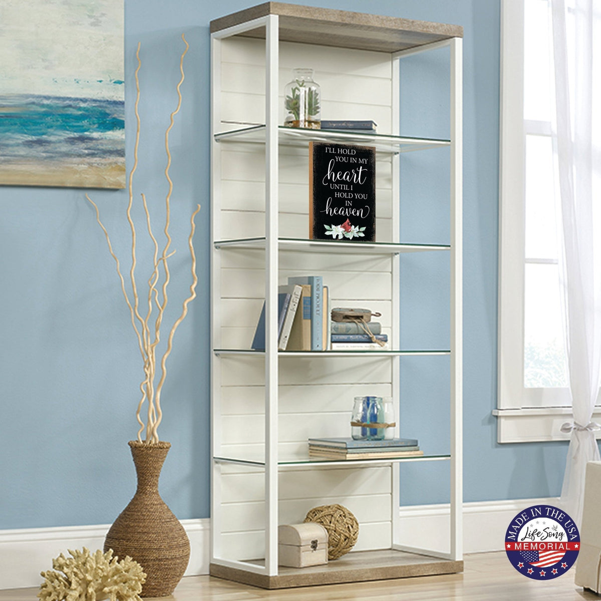 Wooden memorial shelf decor and tabletop memorial decorations to cherish the memory of a loved one.