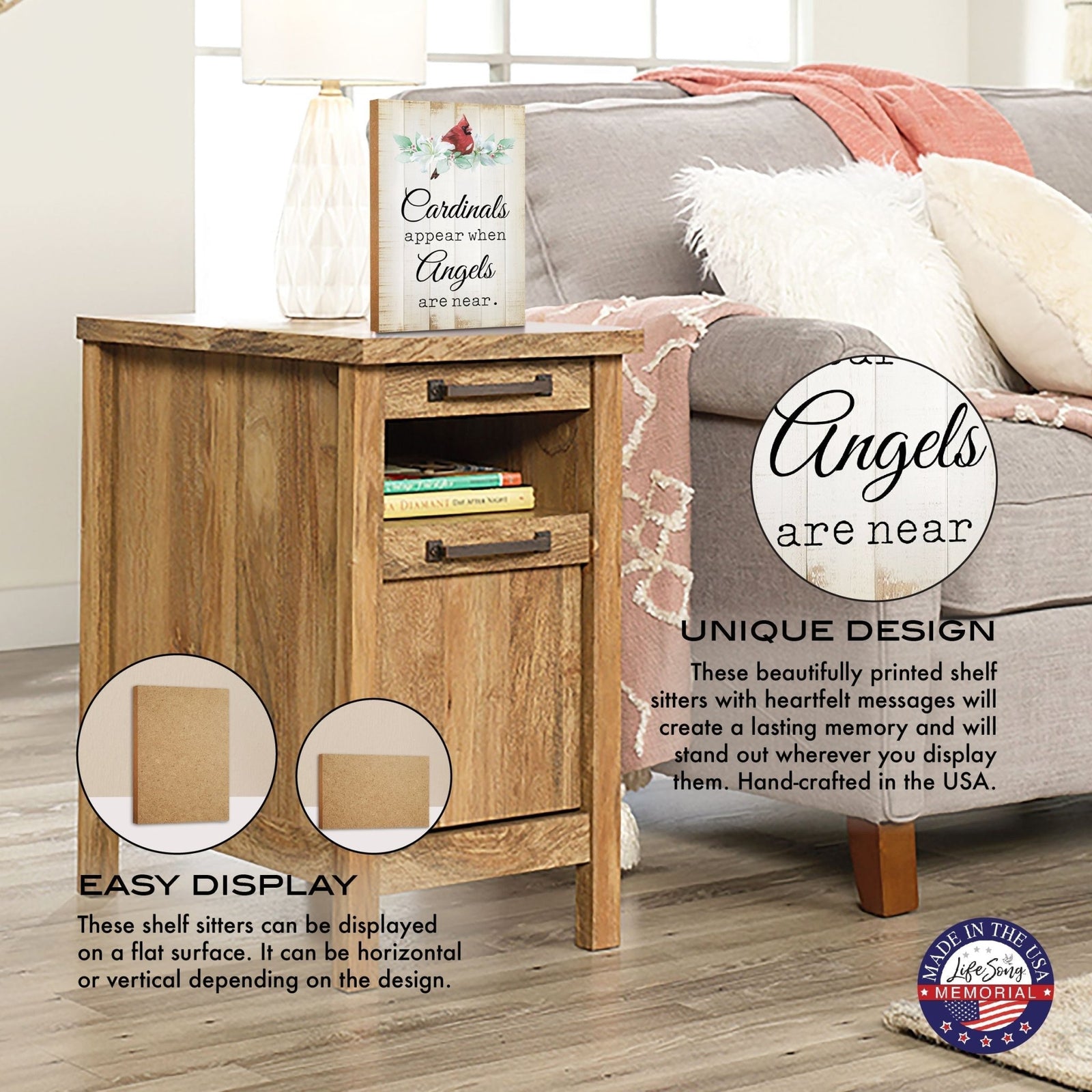 Wooden memorial shelf decor and tabletop memorial decorations to cherish the memory of a loved one.