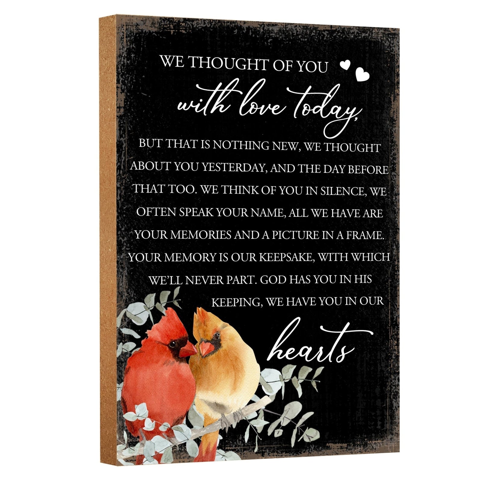 A tabletop memorial sign featuring a beautiful cardinal, a touching memorial gift for the loss of a loved one.